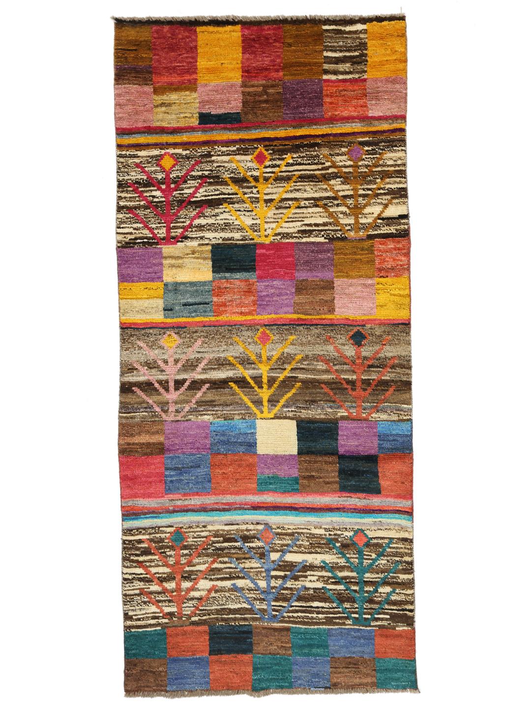 Hand-knotted Afghan runner with a vibrant multicolor geometric and tree-inspired pattern