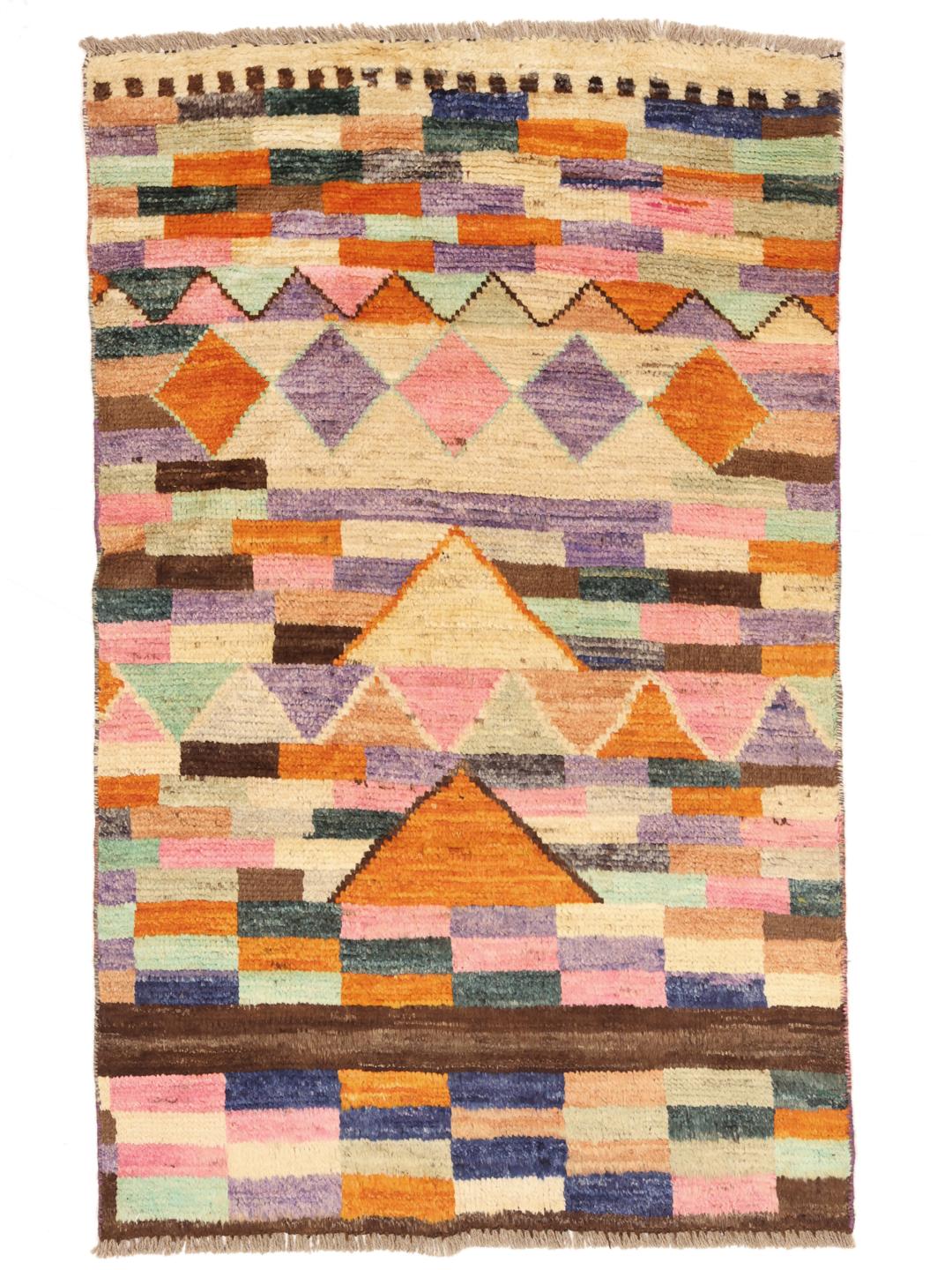 Hand-knotted Middle Eastern rug with a vibrant geometric pattern in multicolor Wool