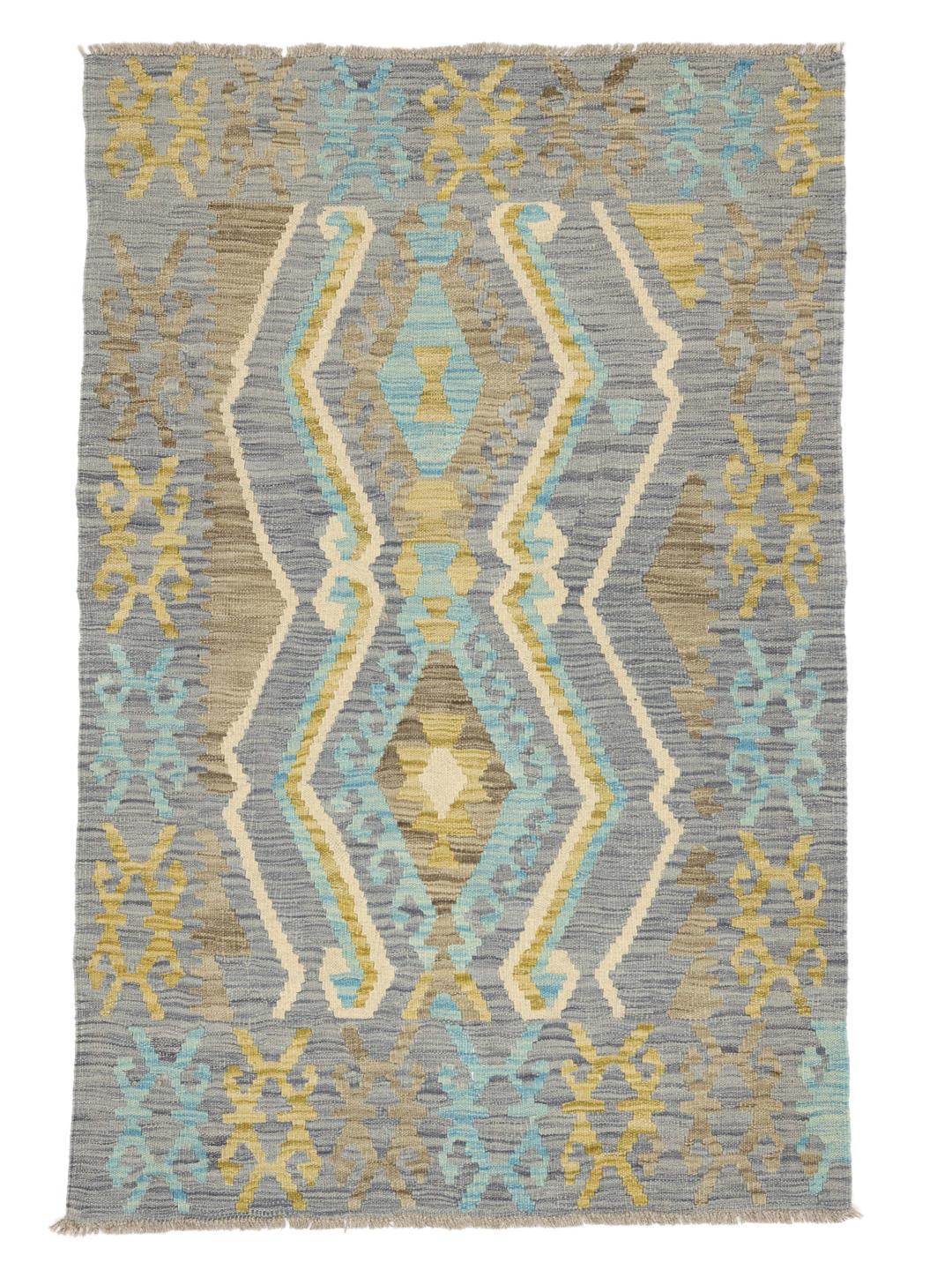 Hand-woven Afghan Kelim rug featuring geometric motifs in shades of blue and brown