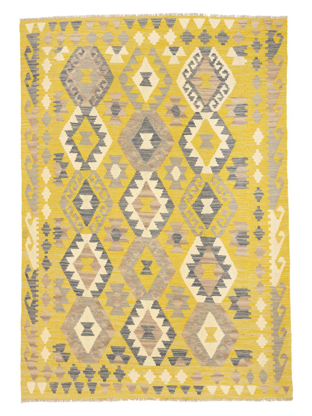 Tapis Kelim afghan tissé à la main présentant un champ jaune avec des motifs géométriques en losange