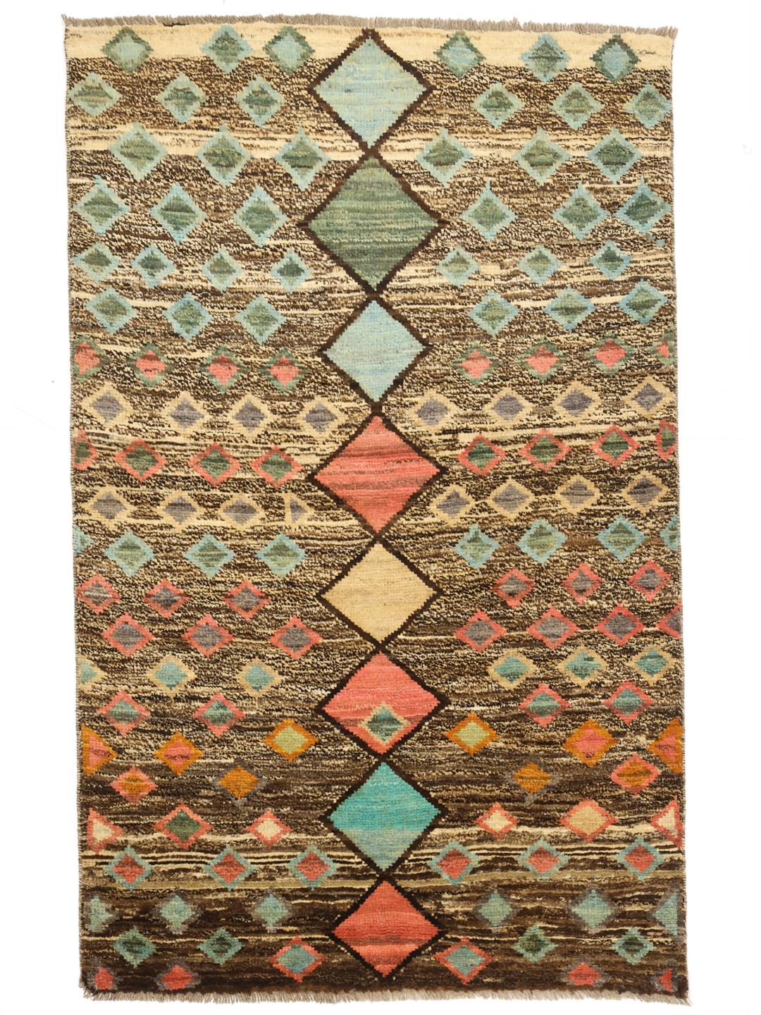 Hand-knotted Afghan Berber rug with a multicolor diamond pattern on a dark background.
