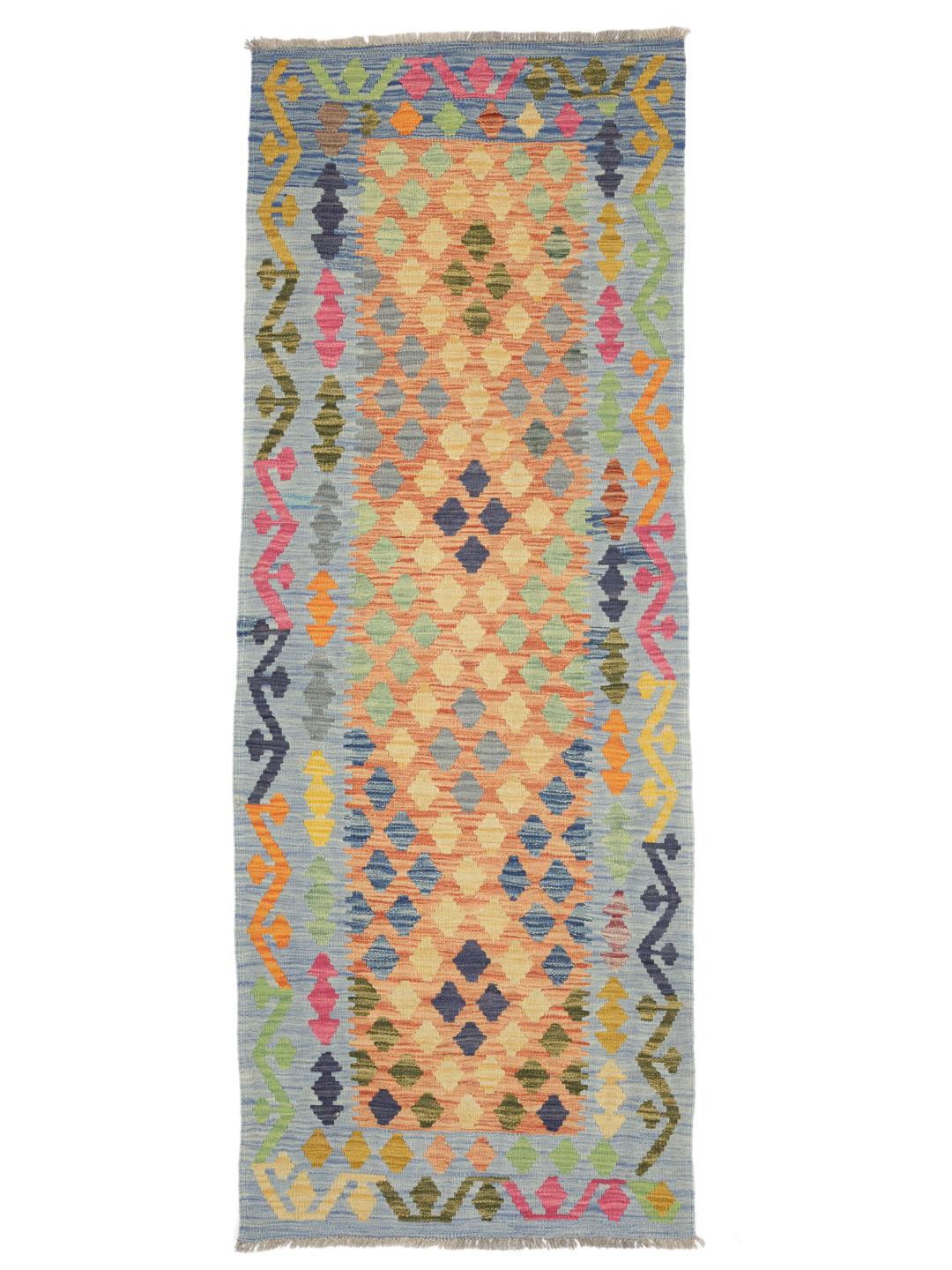 Runner afghano tessuto a mano con motivi geometrici colorati in lana.