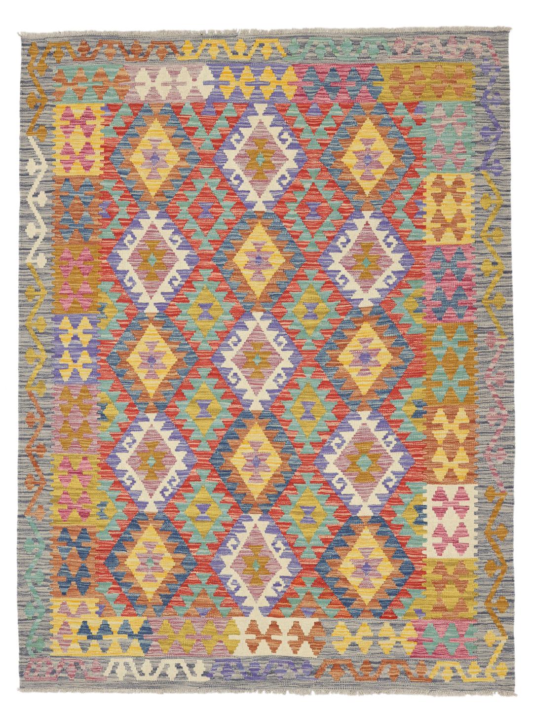 Hand-woven Afghan Kelim rug with geometric patterns in multicolor Wool.