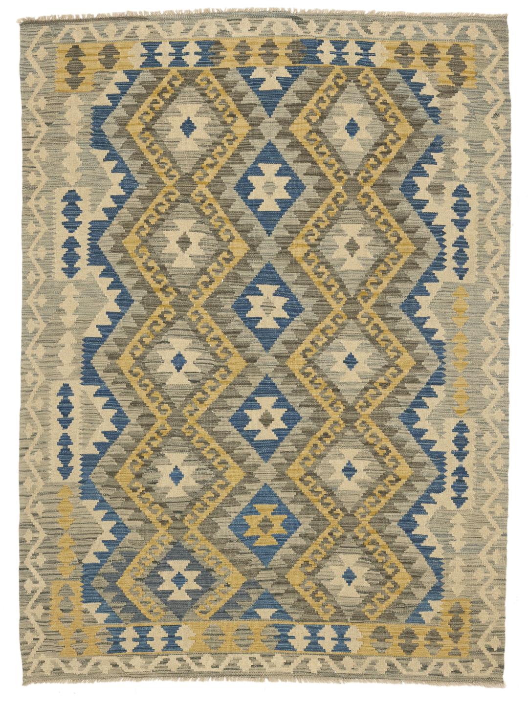 Handgeweven Afghan Kelim tapijt in multicolor met geometrische diamantpatronen