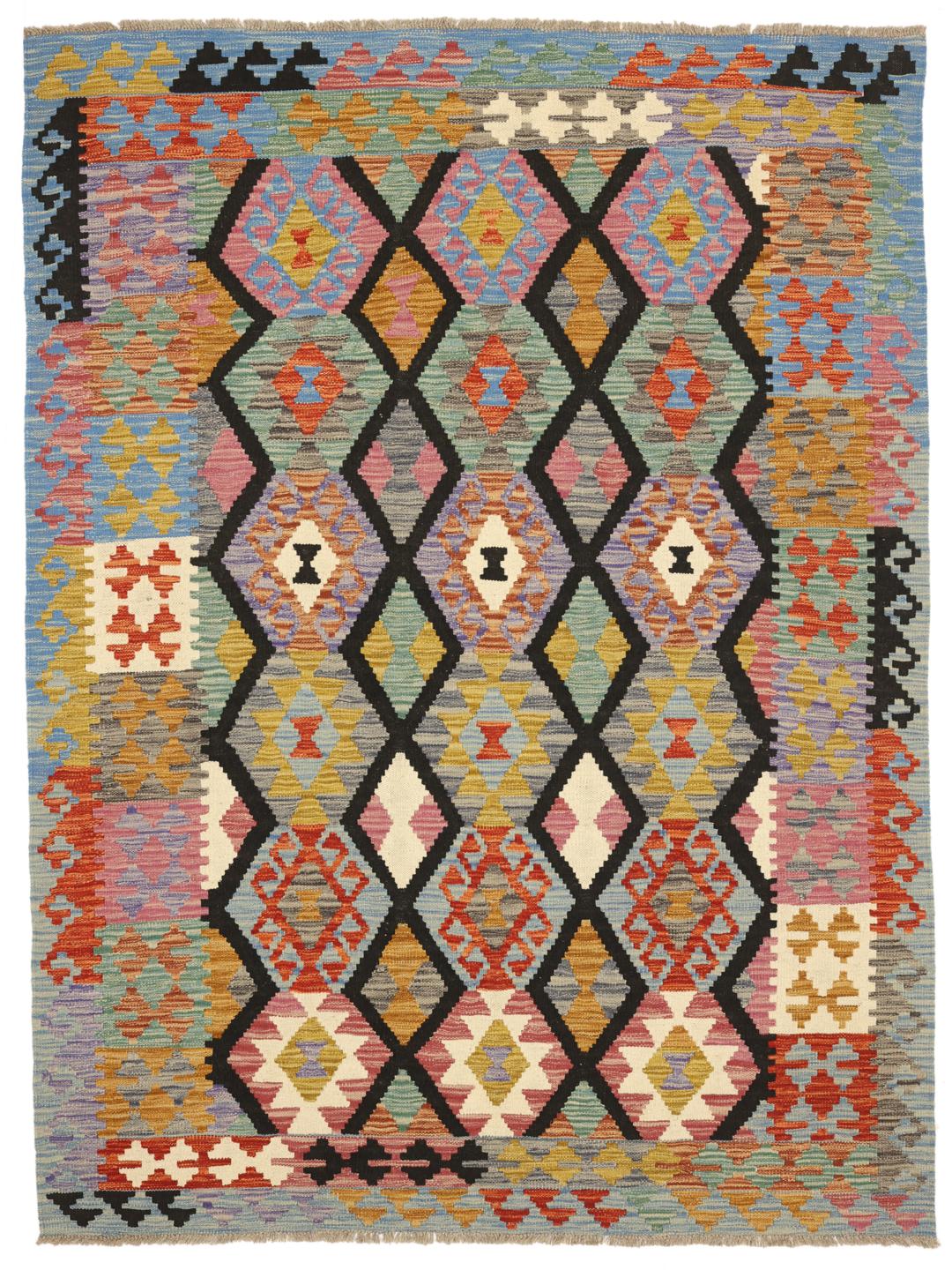 A vibrant, hand-woven Afghan Kelim rug featuring a bold diamond pattern in multicolor wool.