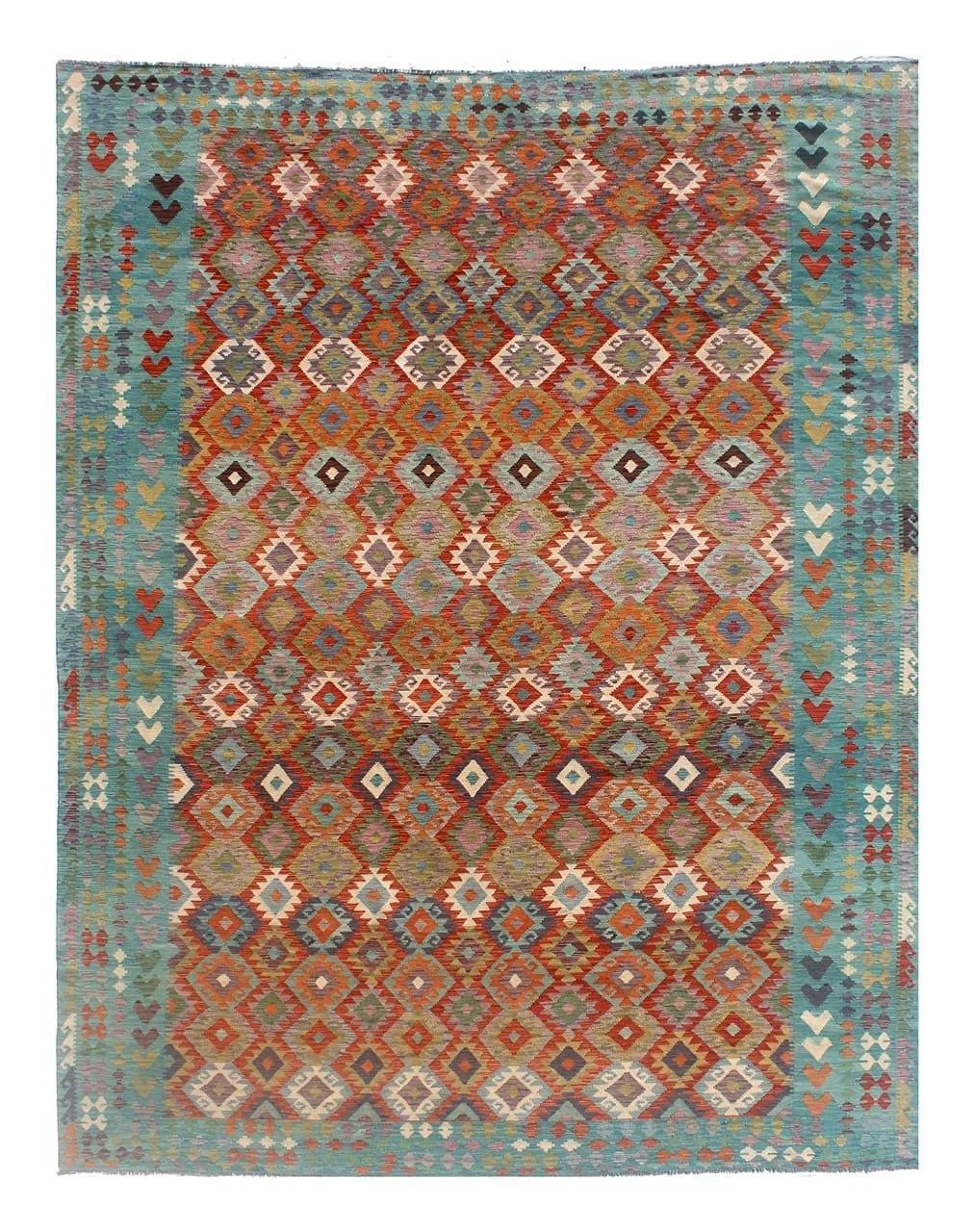 Handgeweven Afghan Kelim tapijt met geometrische patronen in blauwe en veelkleurige wol