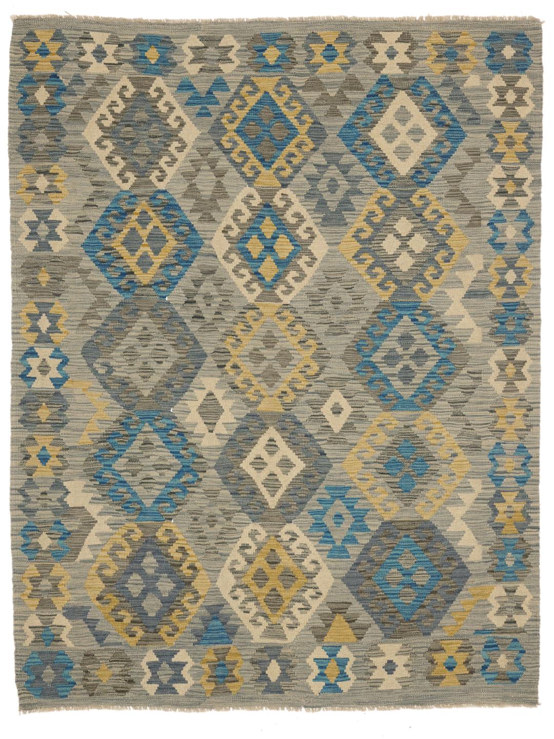 Hand-woven Afghan Kelim rug with geometric patterns in blue, beige, and grey