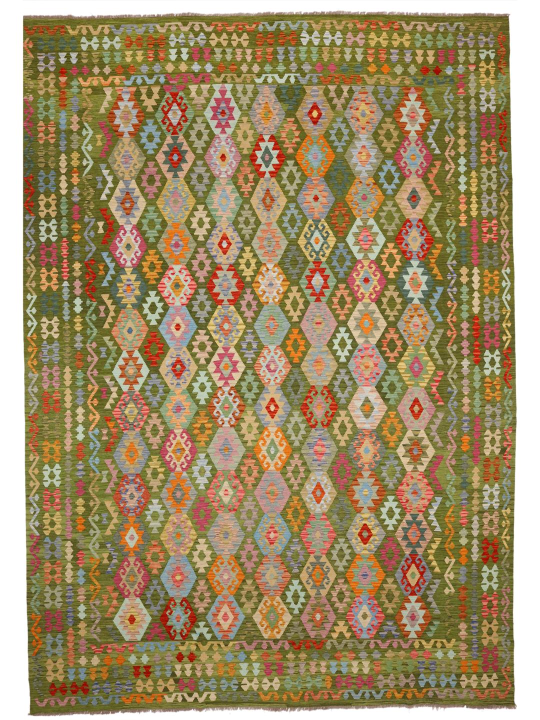 Handgeweven Afghan Kelim tapijt met een levendig geometrisch ruitpatroon in multicolor