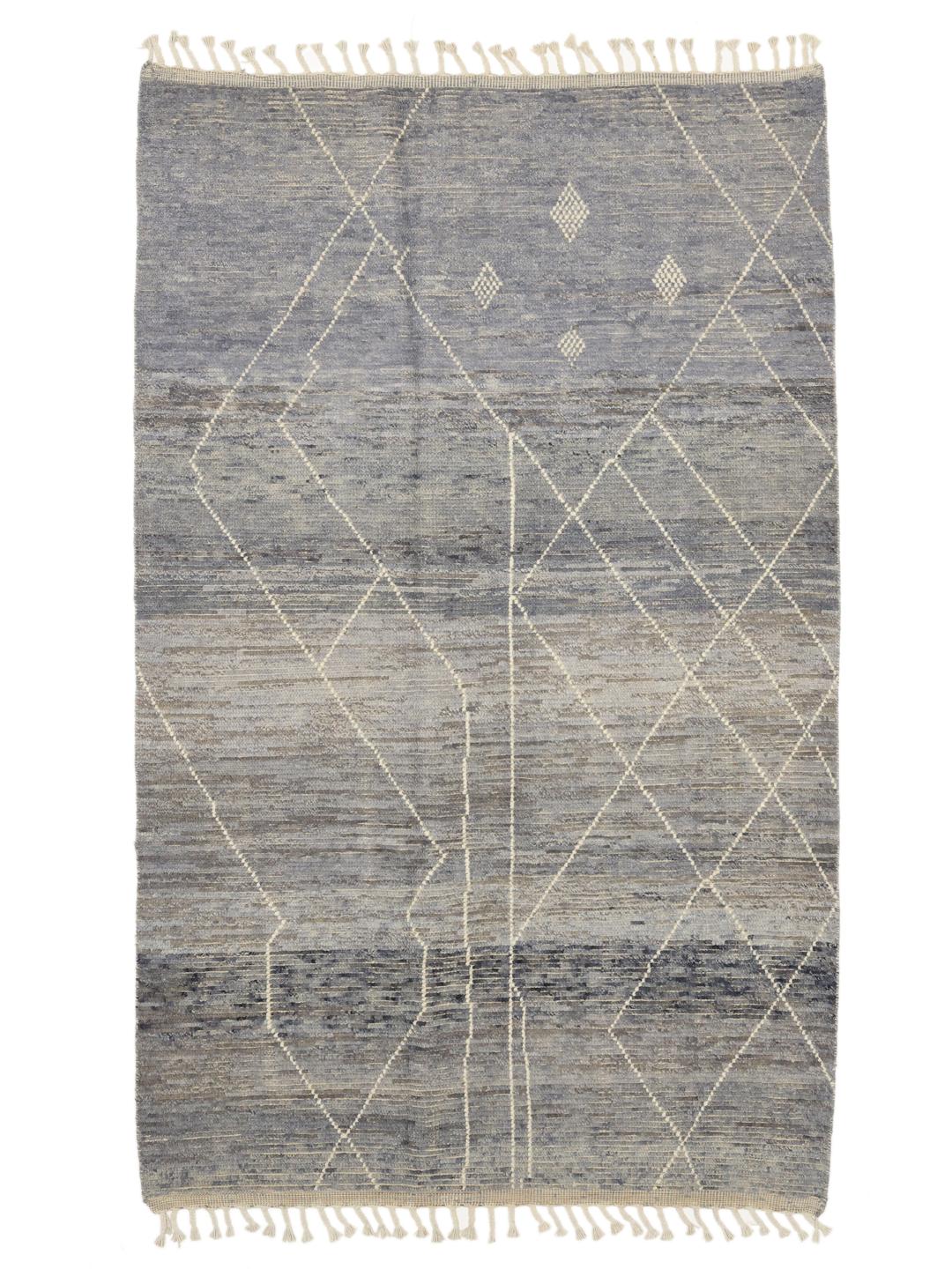 Hand-knotted Afghan rug in shades of blue and grey with a geometric diamond pattern
