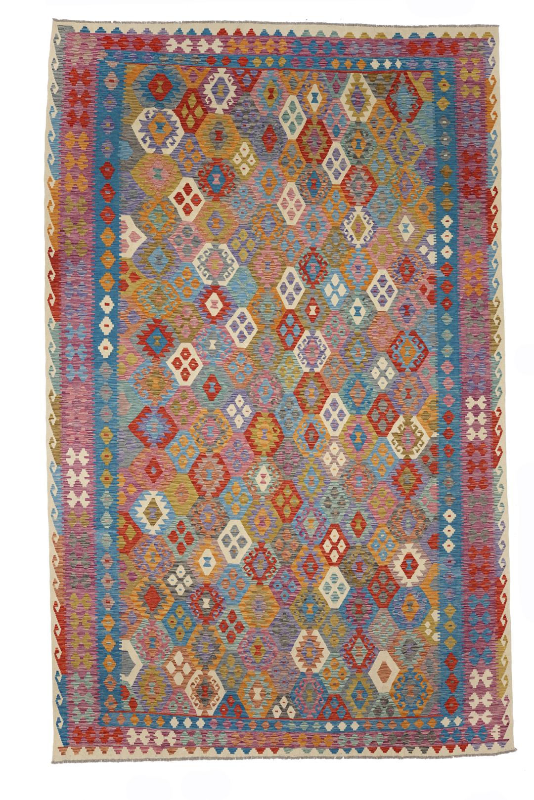 Hand-woven Afghan Kelim rug featuring a colourful geometric diamond pattern