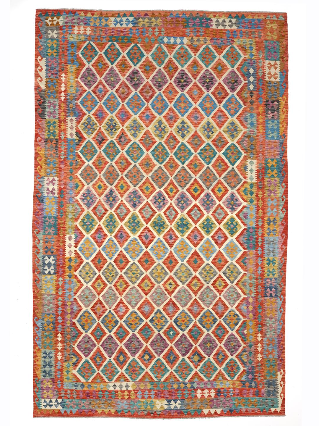 Hand-woven Afghan Kelim rug featuring a colourful diamond pattern
