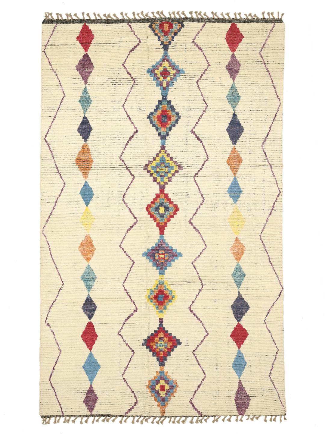 Hand-knotted Berber Style rug from Afghanistan with a multicolor geometric design on a beige field.
