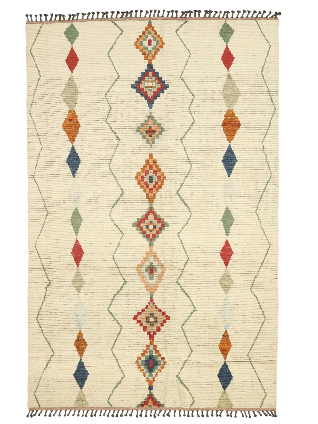 Hand-knotted Berber style rug from Afghanistan with colourful diamond patterns on a beige background