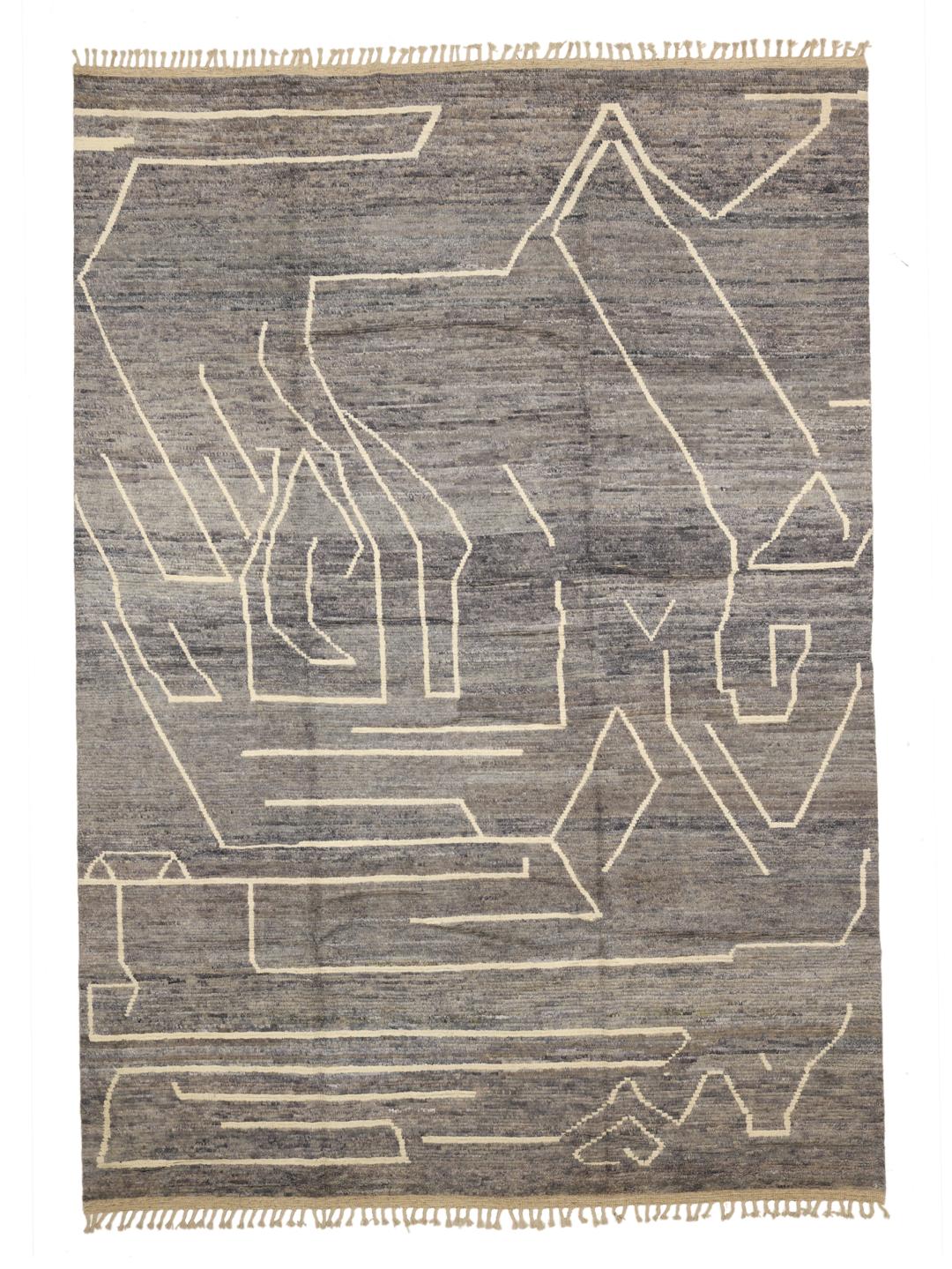 Tapis afghan noué à la main avec des motifs géométriques abstraits en gris et crème
