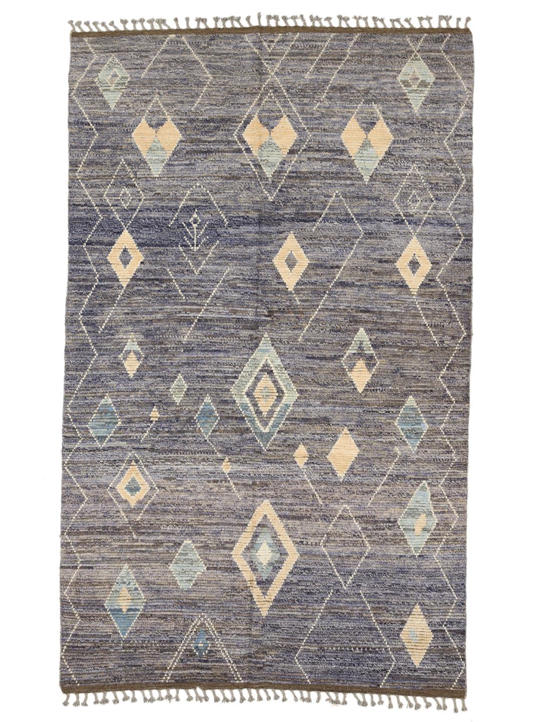 Hand-knotted Afghan rug with blue tones and geometric diamond patterns