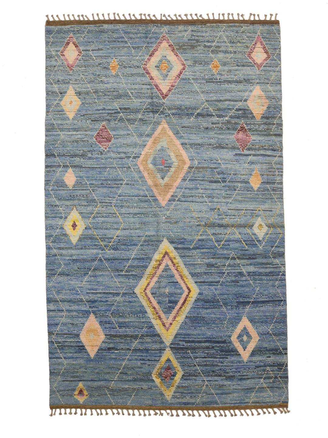 Håndknyttet tæppe i Berber-stil fra Afghanistan med blå baggrund og diamantmønstre