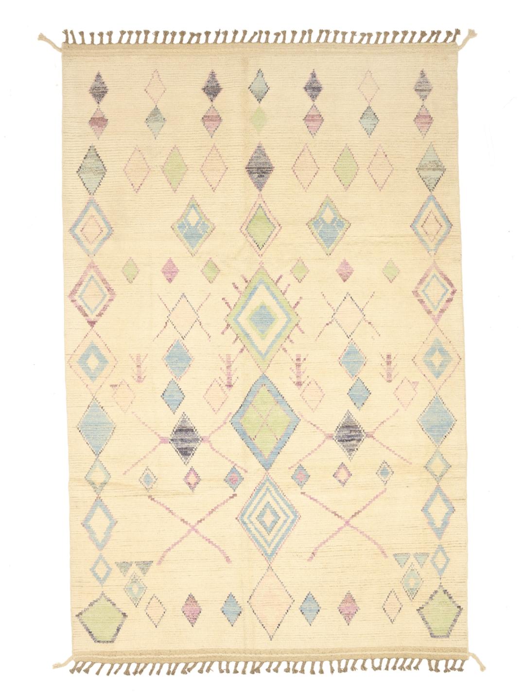 Hand-knotted Berber-inspired rug from Afghanistan with a beige field and multicolor diamond motifs