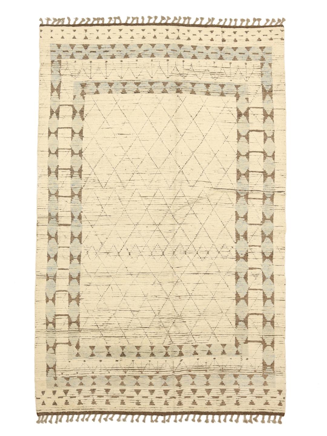 Hand-knotted Afghan rug with a geometric diamond pattern in beige and soft blue tones