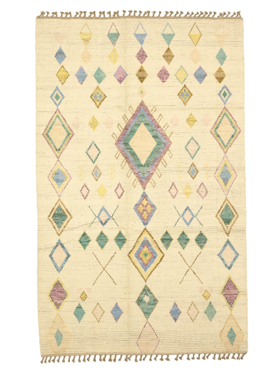 Hand-knotted Afghan rug with colourful diamond motifs on a beige background