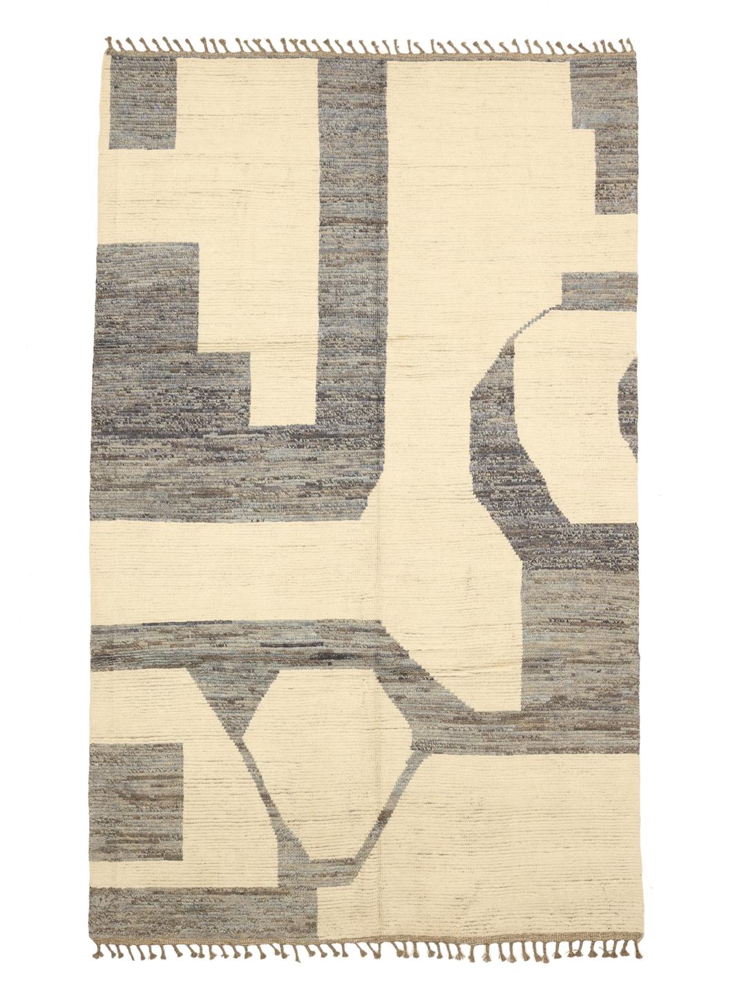 Håndknyttet afghansk tæppe med et beige og mørkegråt abstrakt geometrisk mønster