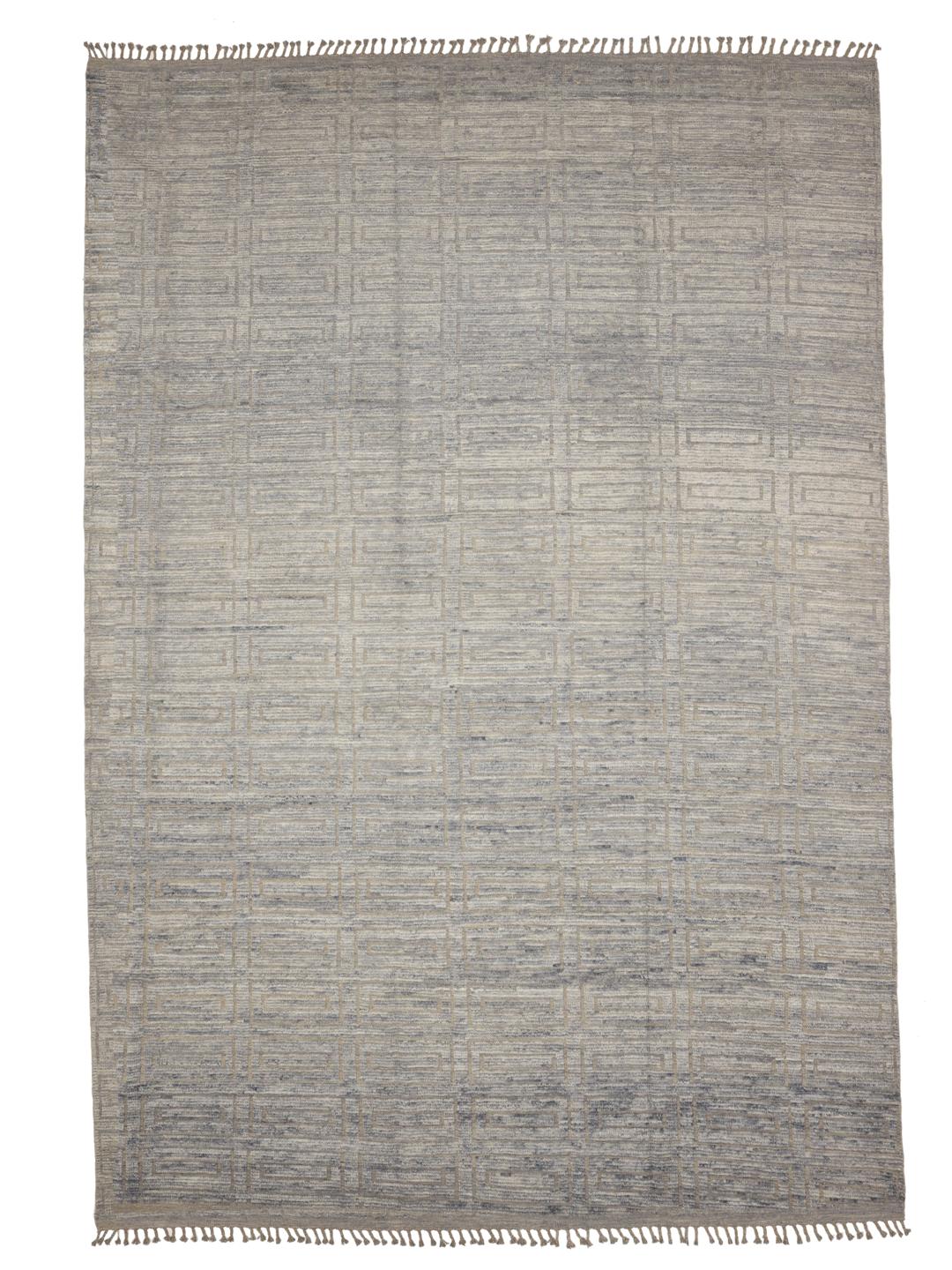 Hand-knotted Afghan rug with neutral geometric patterns in shades of grey