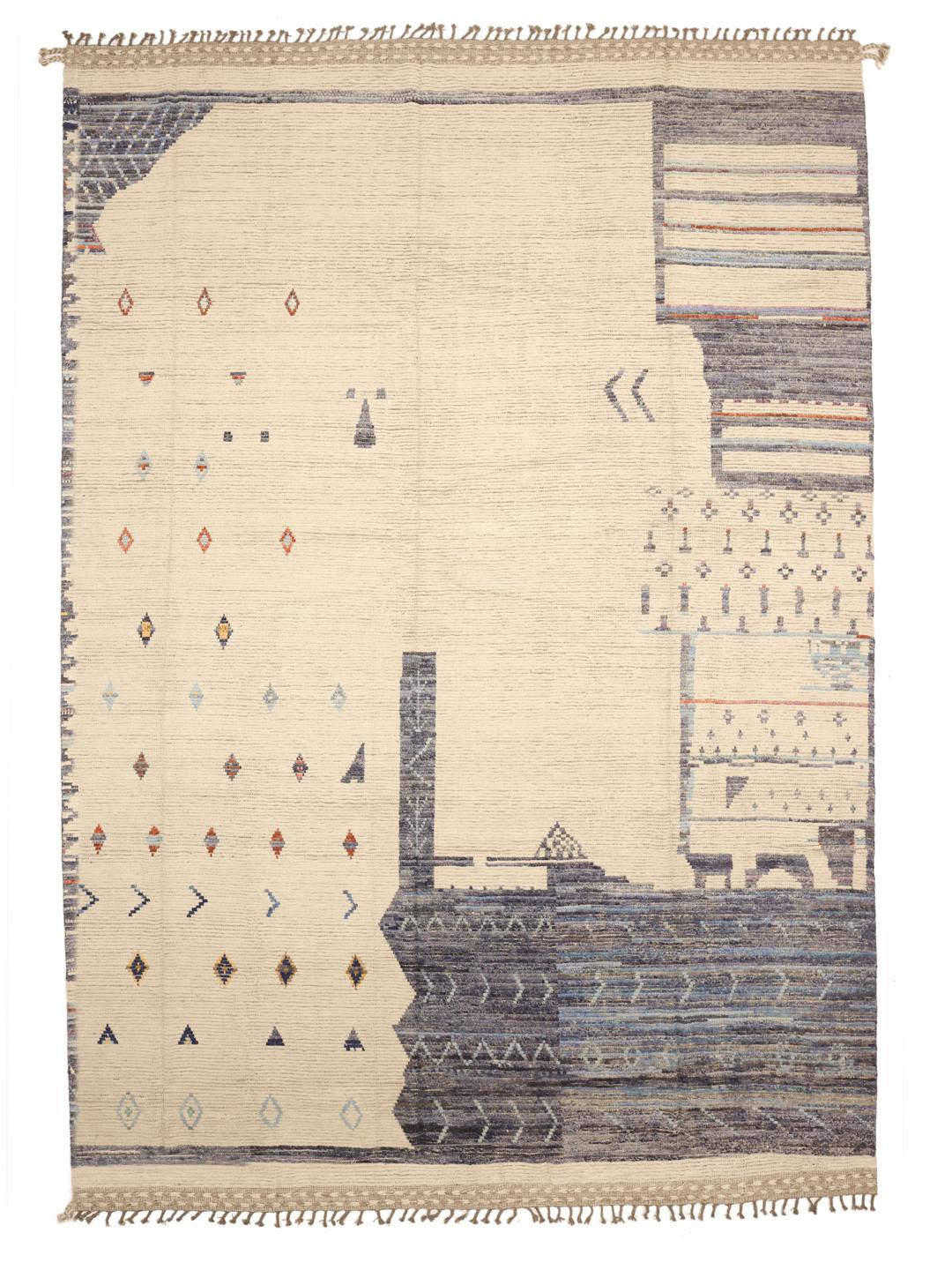 Hand-knotted Afghan rug with neutral tones and artistic motifs