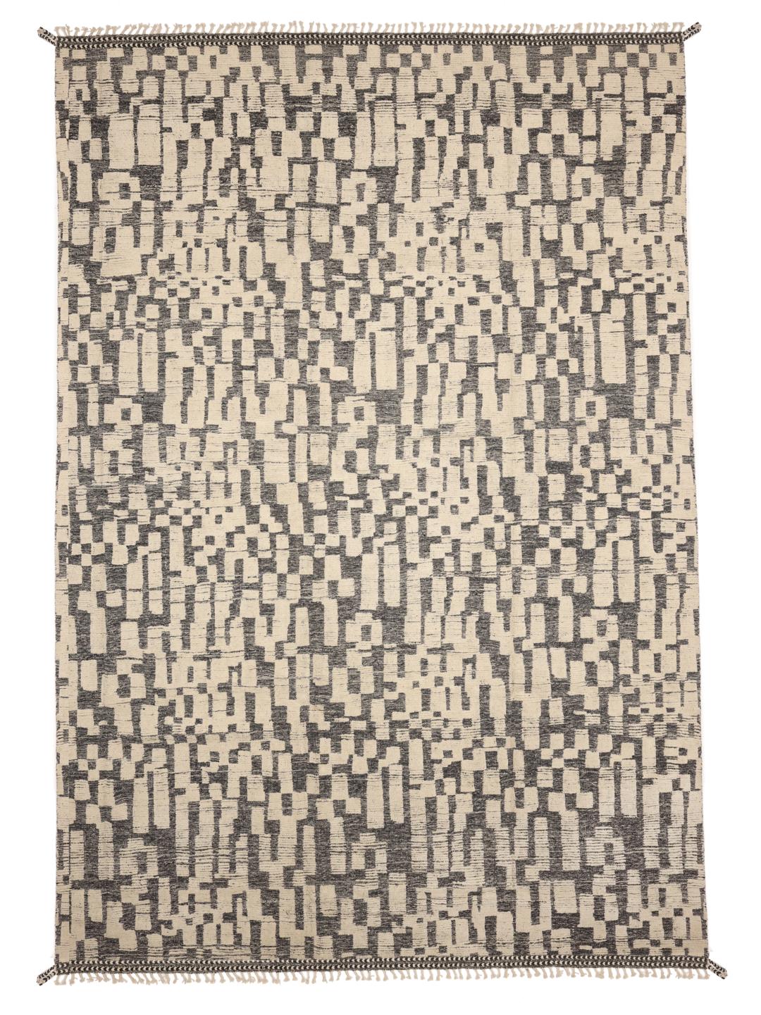 Handgeknoopt tapijt uit het Midden-Oosten met een geometrisch patroon in beige en grijs