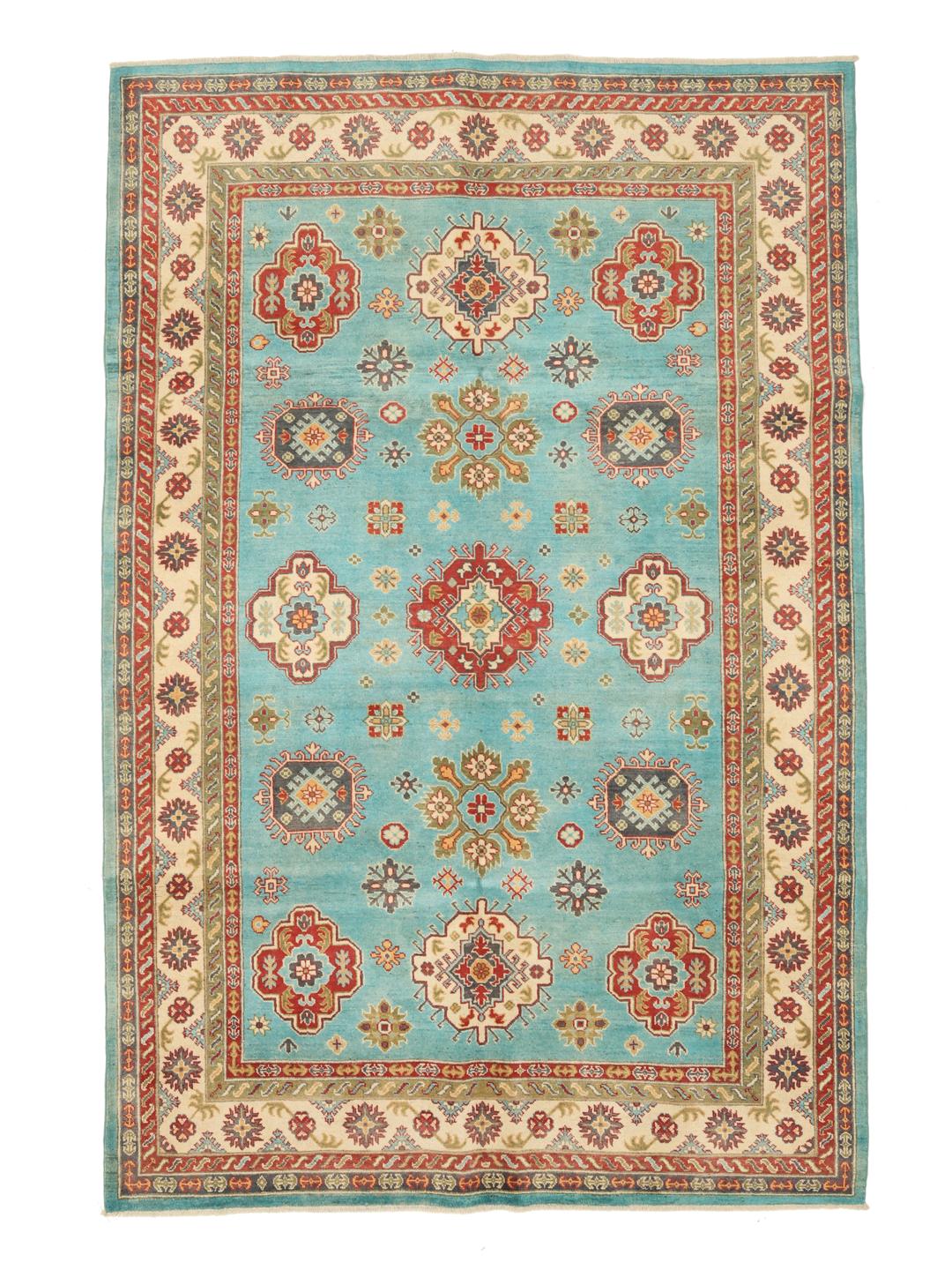 Håndknyttet afghansk Kazak-tæppe i blåt med geometriske mønstre