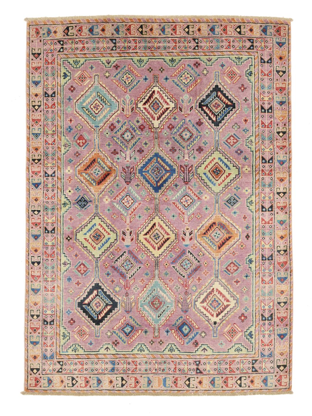 Handgeknüpfter Kazak-Teppich aus Afghanistan in Lila mit geometrischen Mustern