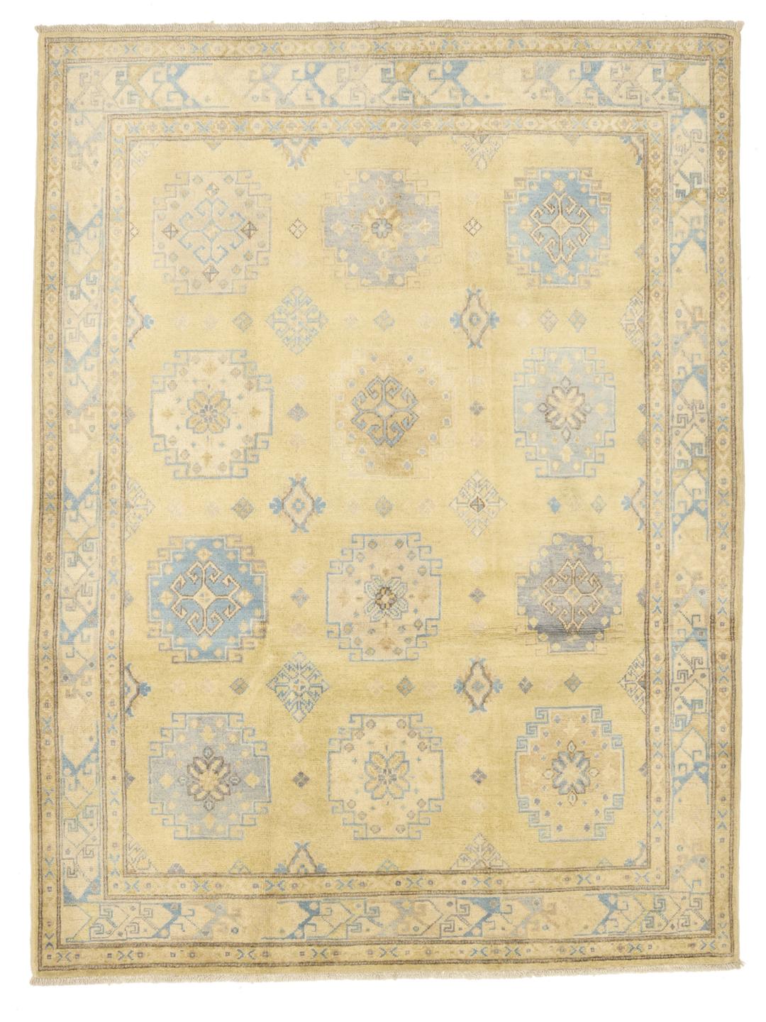 Handgeknoopt Afghaans Kazak-tapijt in beige en blauw