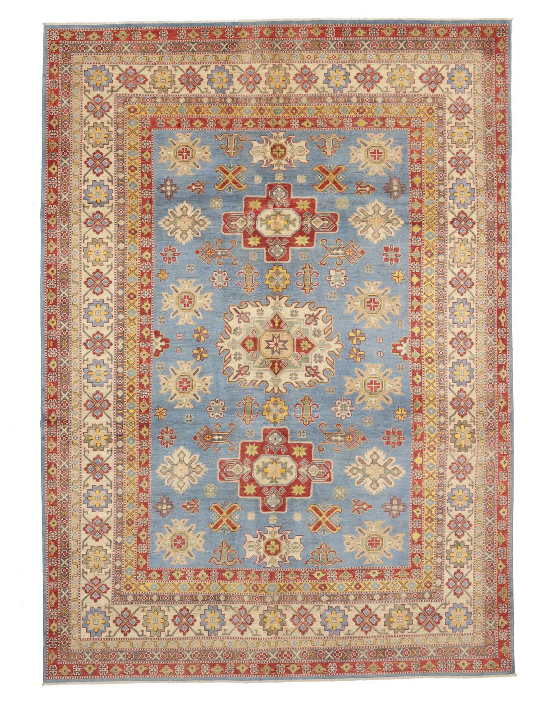Covor afgan Kazak înnodat manual, de culoare albastră, cu modele geometrice