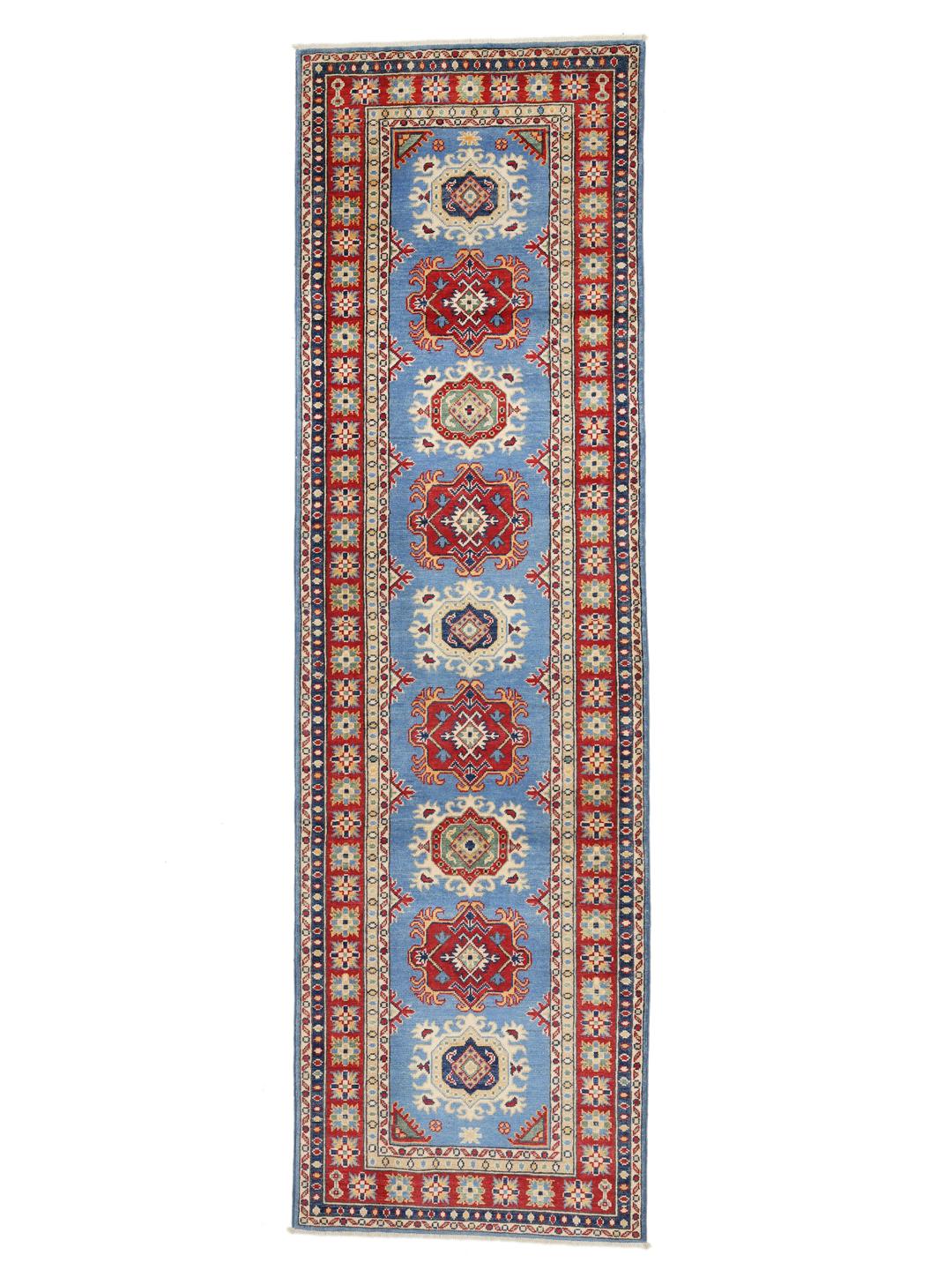 Chemin de table Kazak noué à la main originaire d'Afghanistan avec un champ bleu et des médaillons géométriques