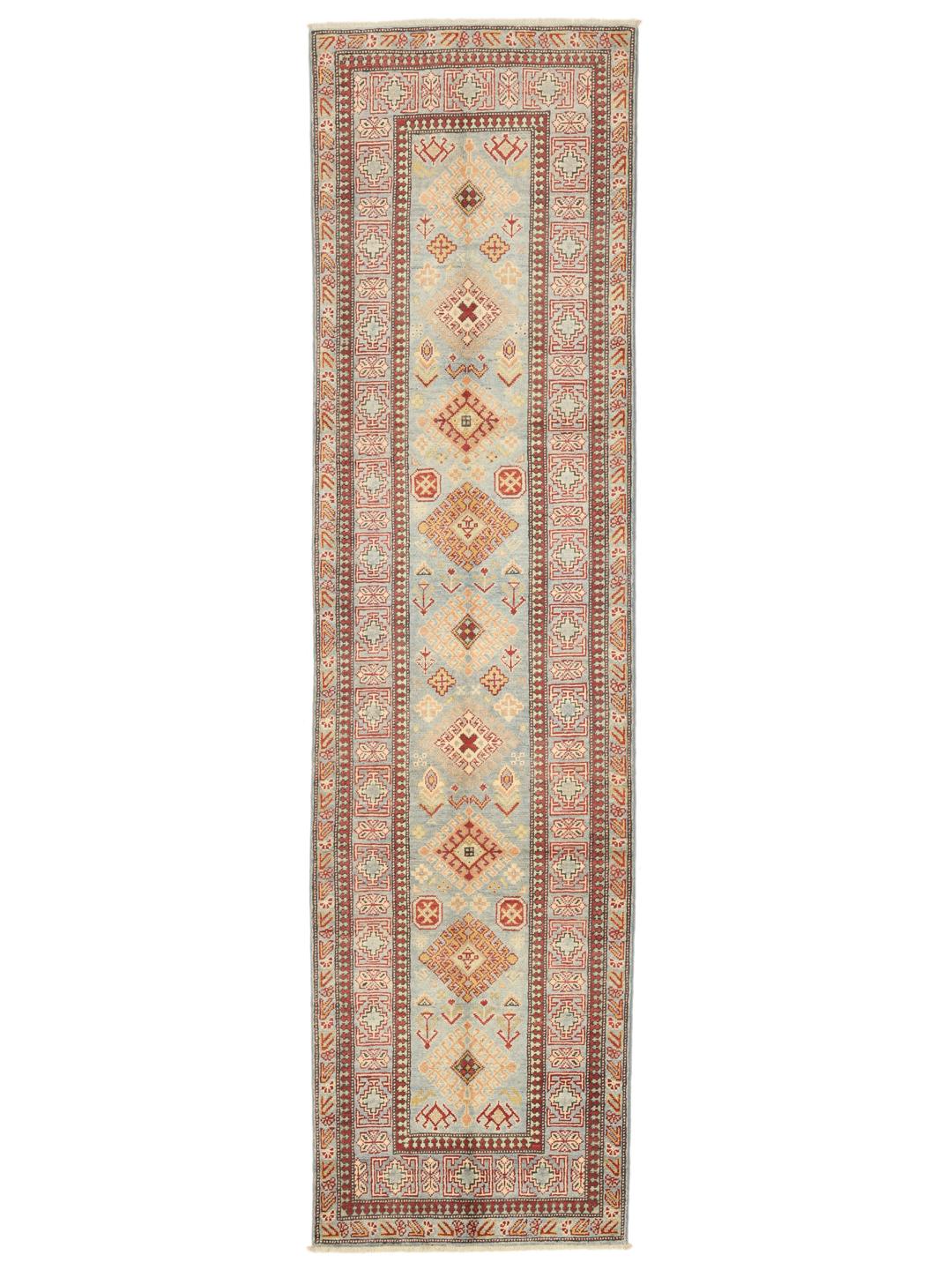 Tapis couloir afghan noué à la main avec des motifs géométriques en bleu et rouge