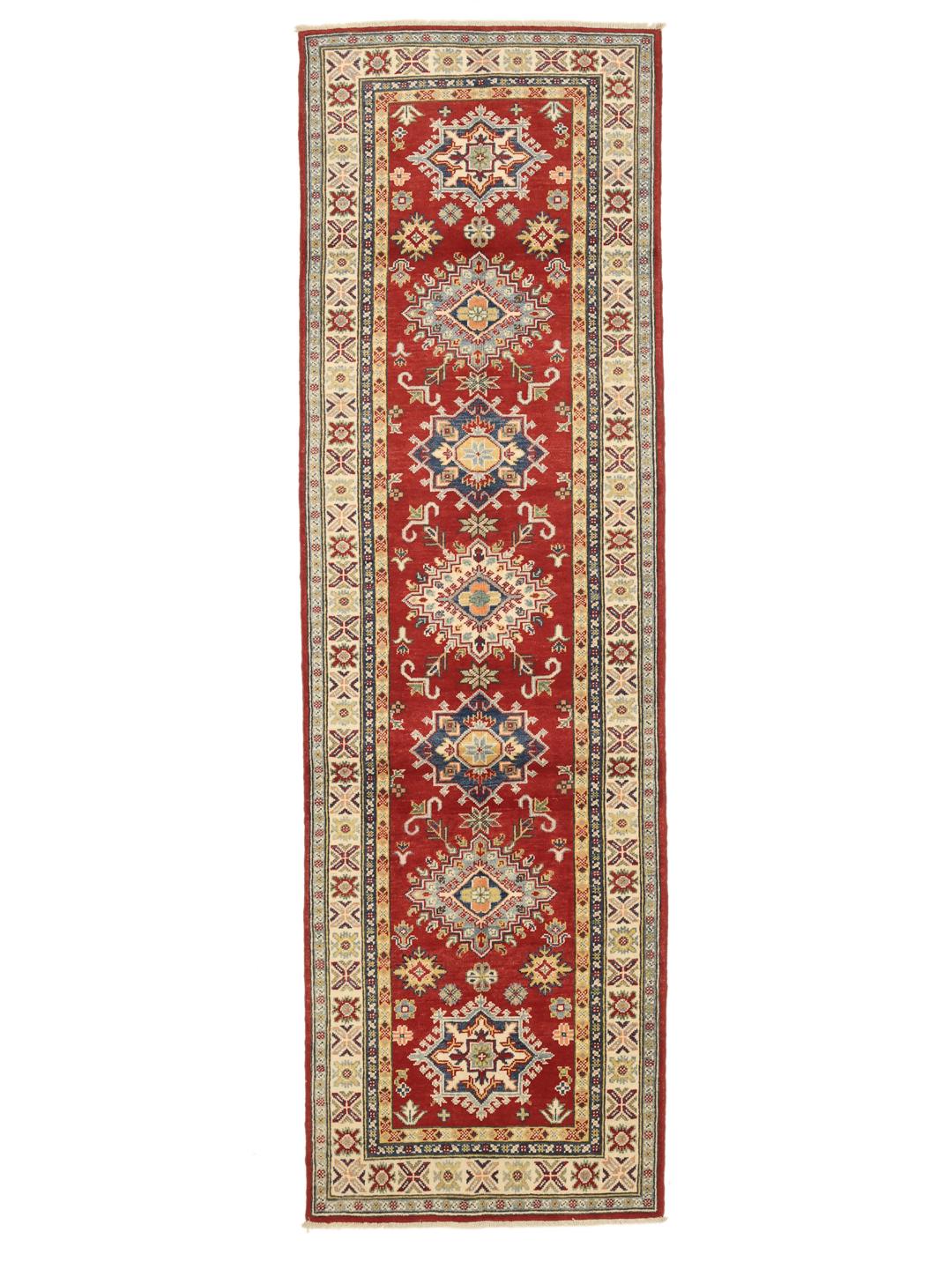 Handgeknüpfter afghanischer Kazak-Läufer in Rot mit geometrischen Motiven
