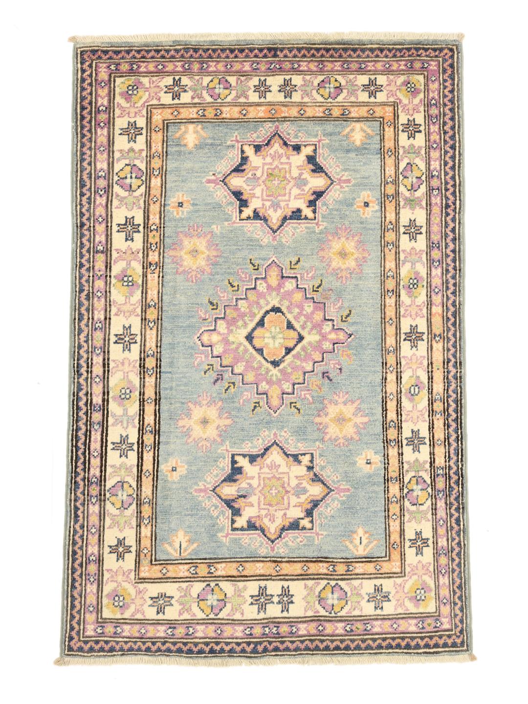 Handgefertigter afghanischer Kazak-Teppich mit geometrischen Mustern in Blau, Rosa und Creme