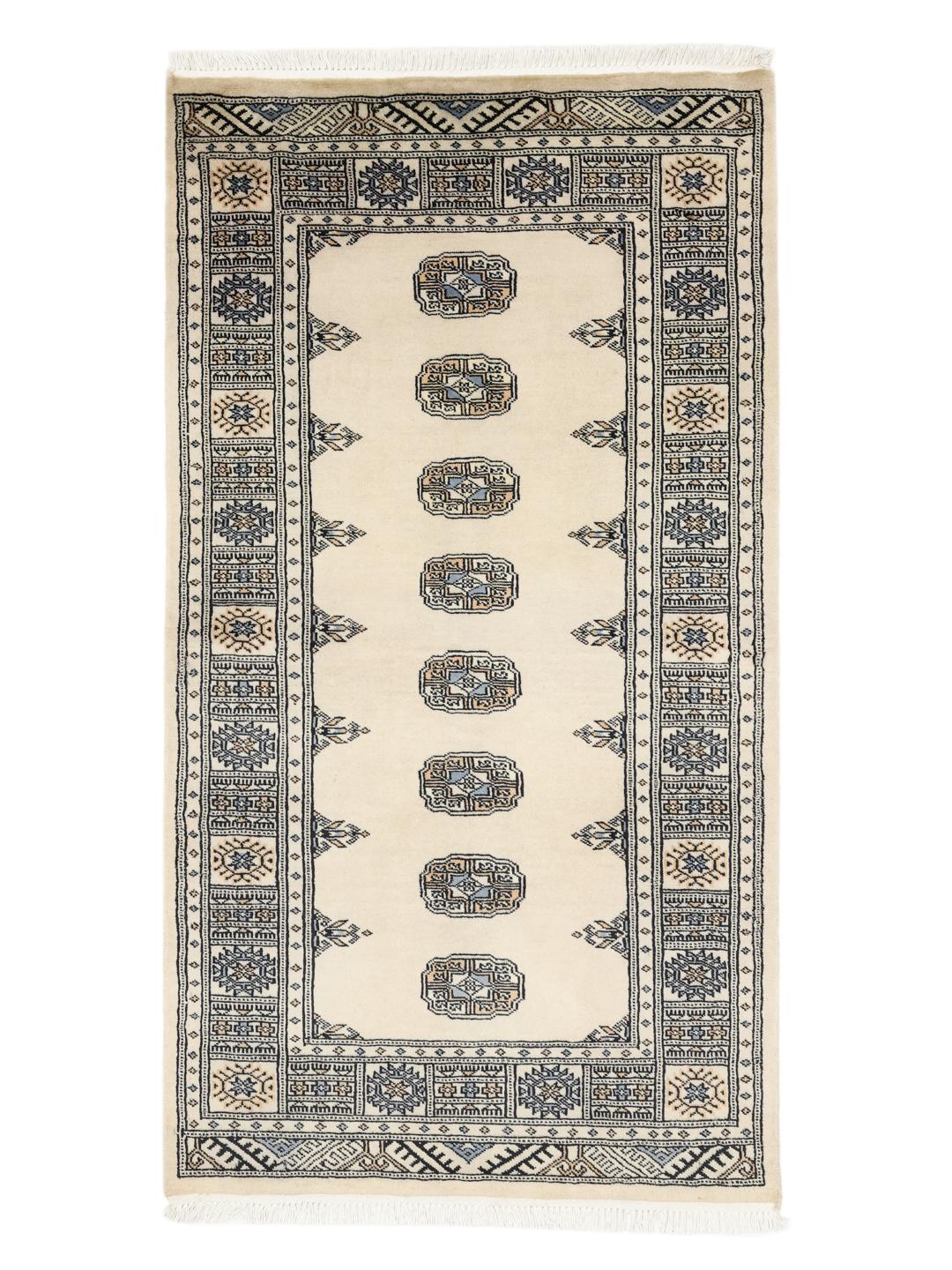 Handgeknoopt Pakistan Bokhara tapijt met een beige veld en blauwe en bruine geometrische motieven