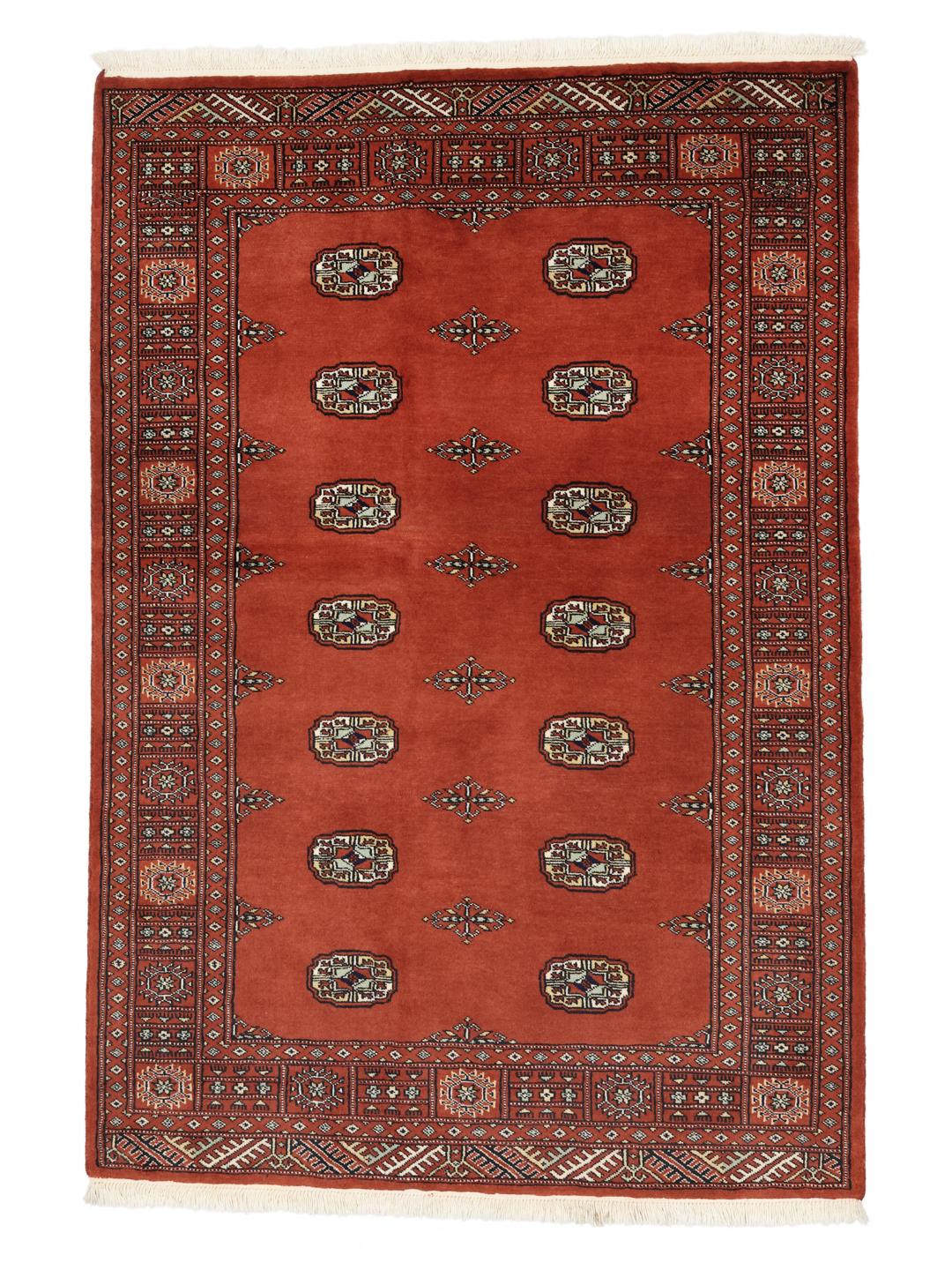 Håndknyttet rødt Pakistan Bokhara 2ply tæppe med gentagne geometriske motiver