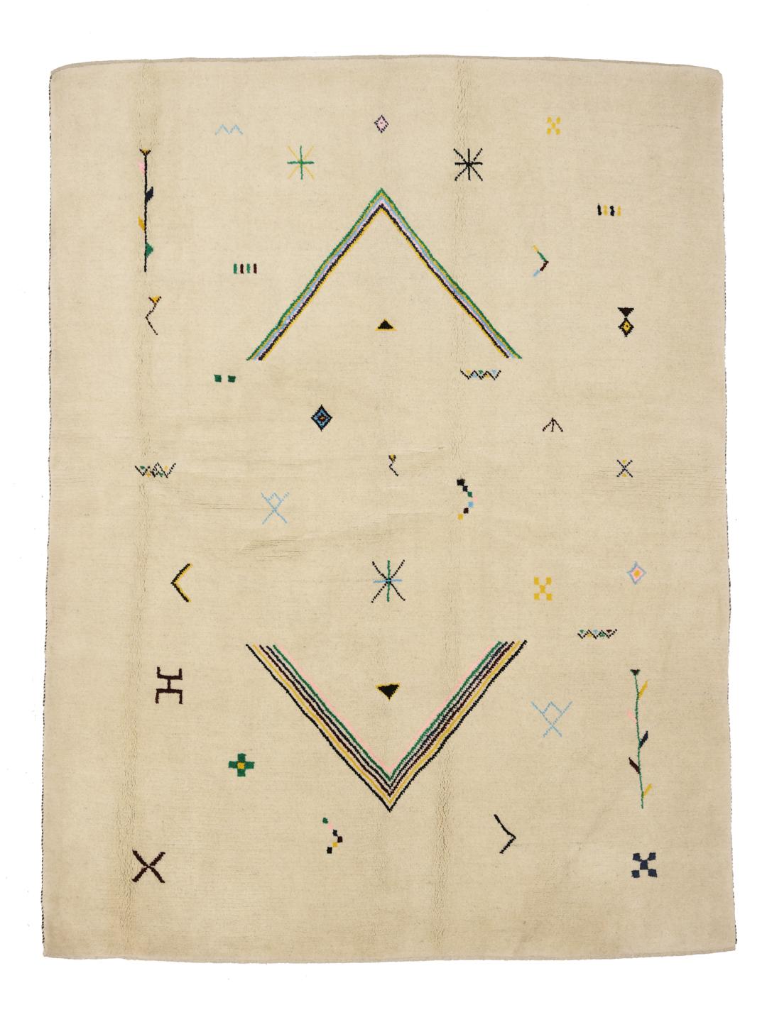 Håndknyttet beige marokkansk Berber-tæppe med farverige geometriske symboler