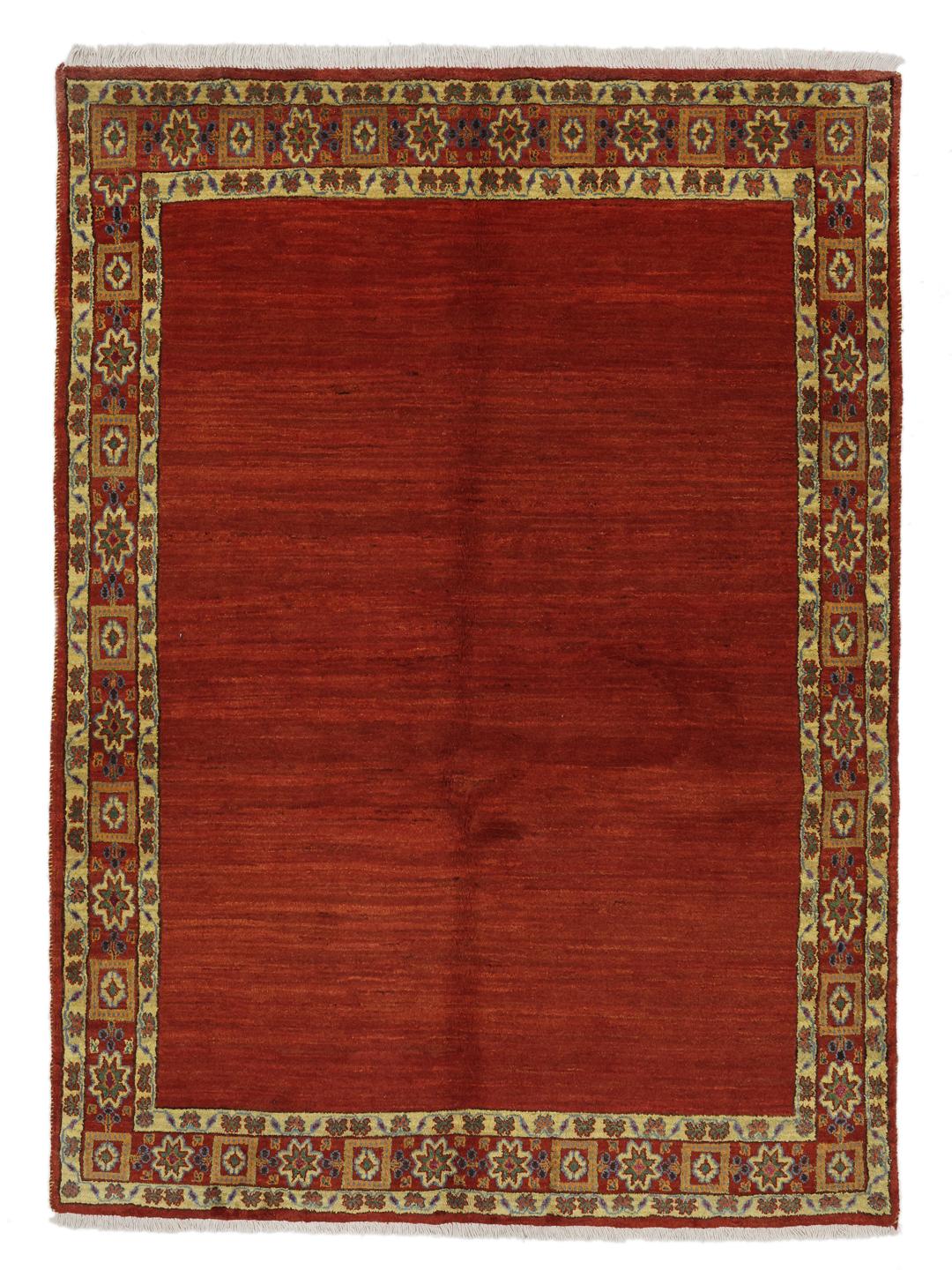 A hand-knotted Gabbeh Wool rug from the Middle East featuring a vibrant red field and geometric borders.