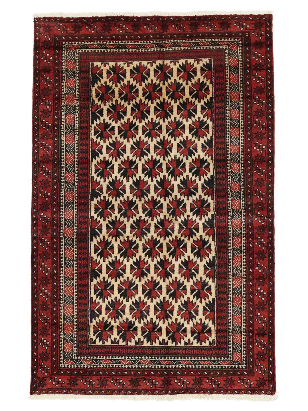 Authentic hand-knotted Baluch rug in red, featuring traditional geometric patterns