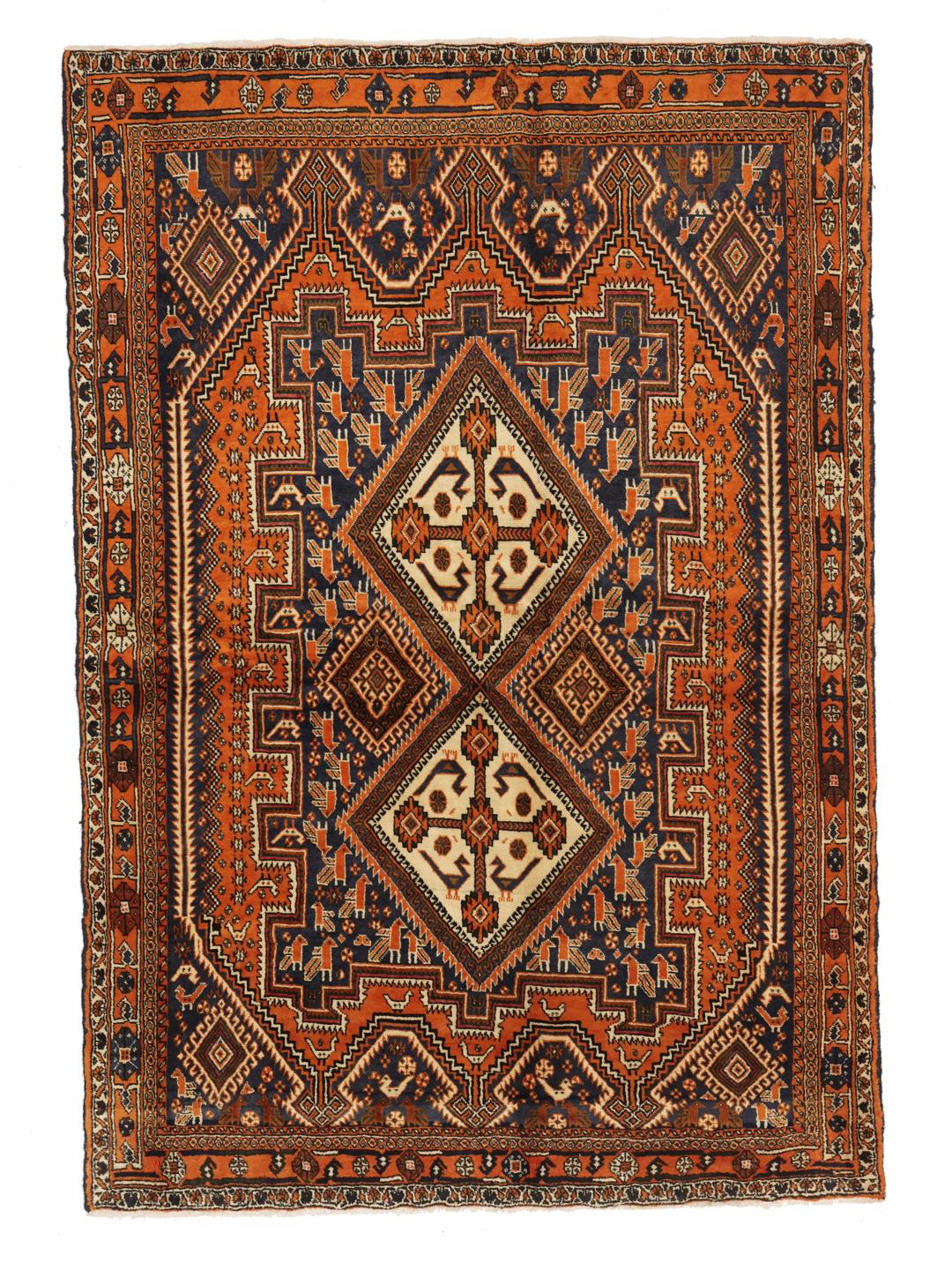 Hand-knotted Afshar rug with red and dark-blue tribal geometric patterns from the Middle East