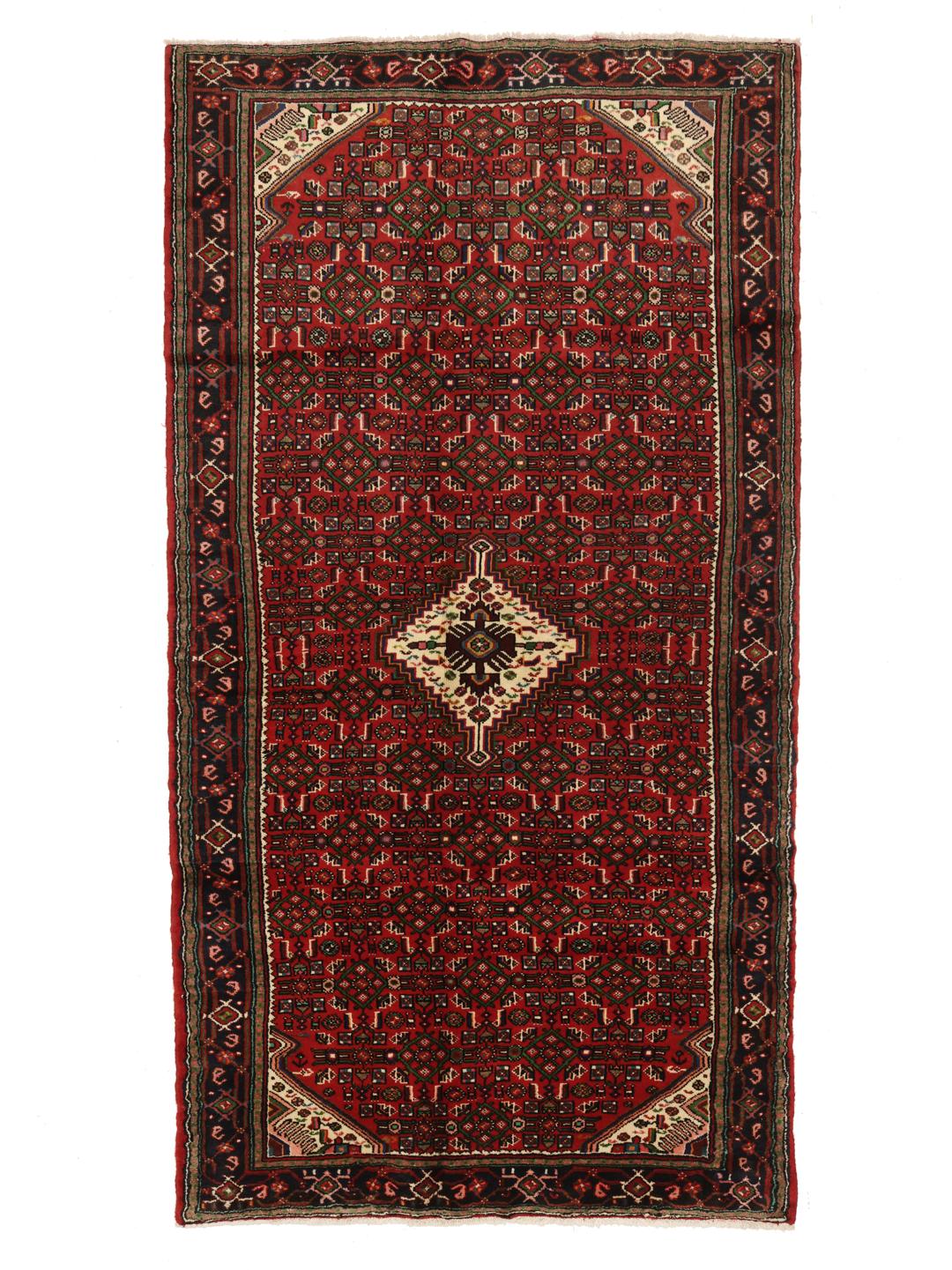 Hand-knotted Hosseinabad rug from the Middle East in dark-red and beige.