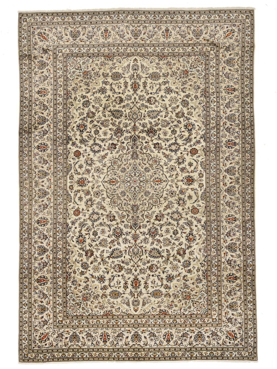 Hand-knotted Keshan rug from the Middle East with a floral pattern in beige and blue
