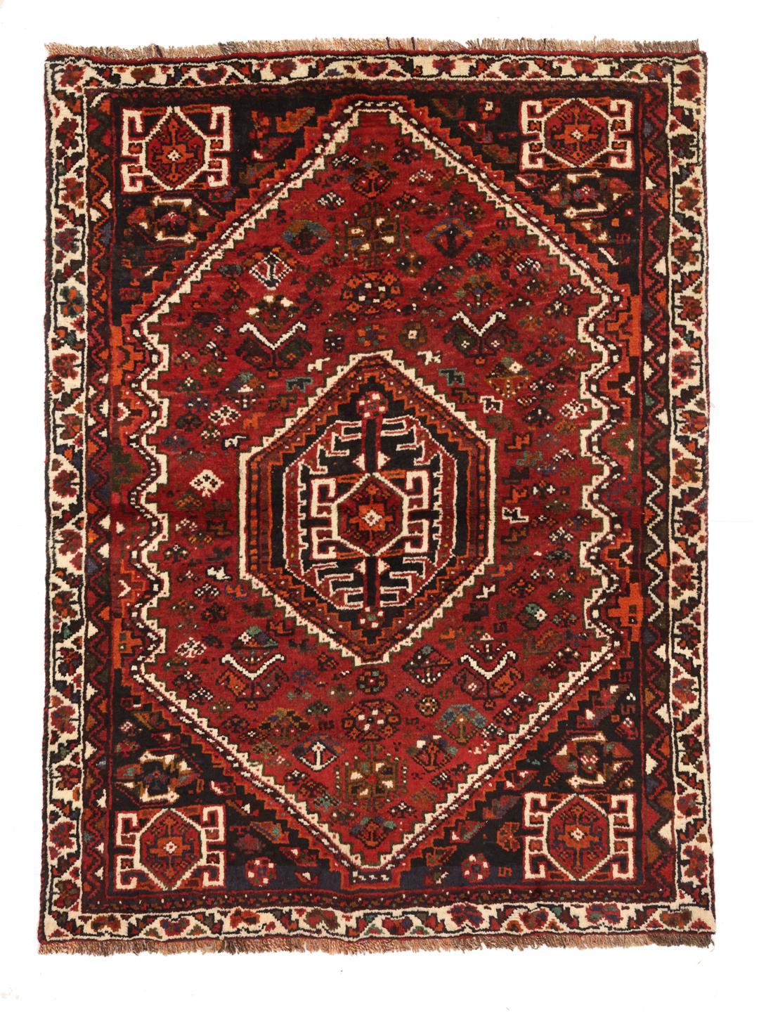 Hand-knotted red Shiraz rug with geometric tribal patterns from the Middle East