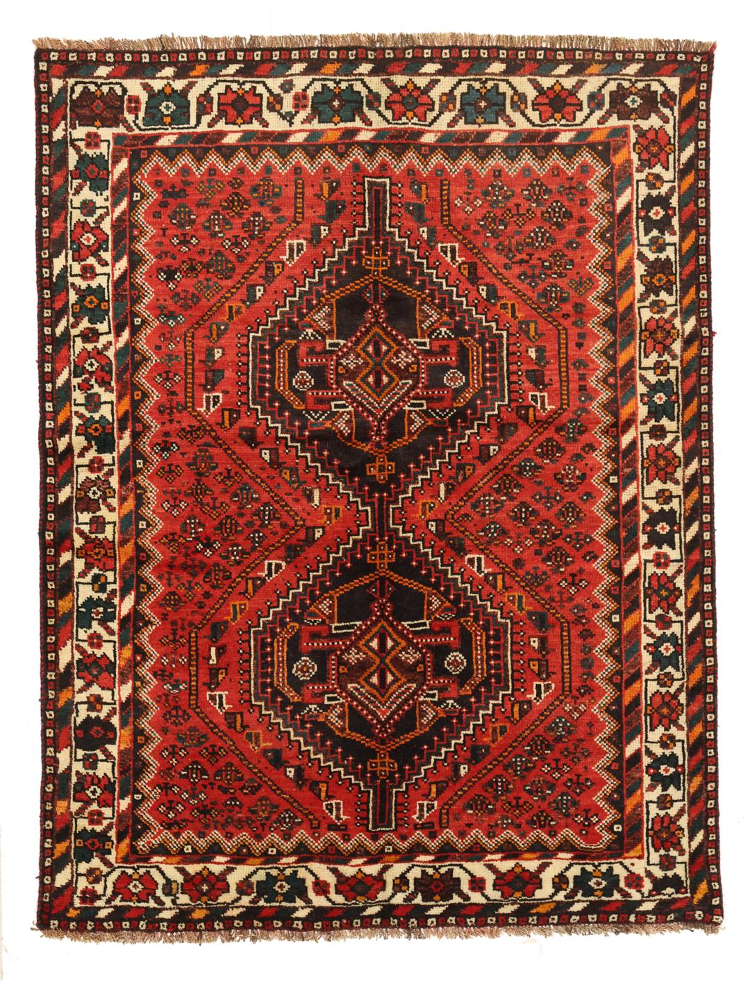 Hand-knotted Middle Eastern rug in dark-red and black tones