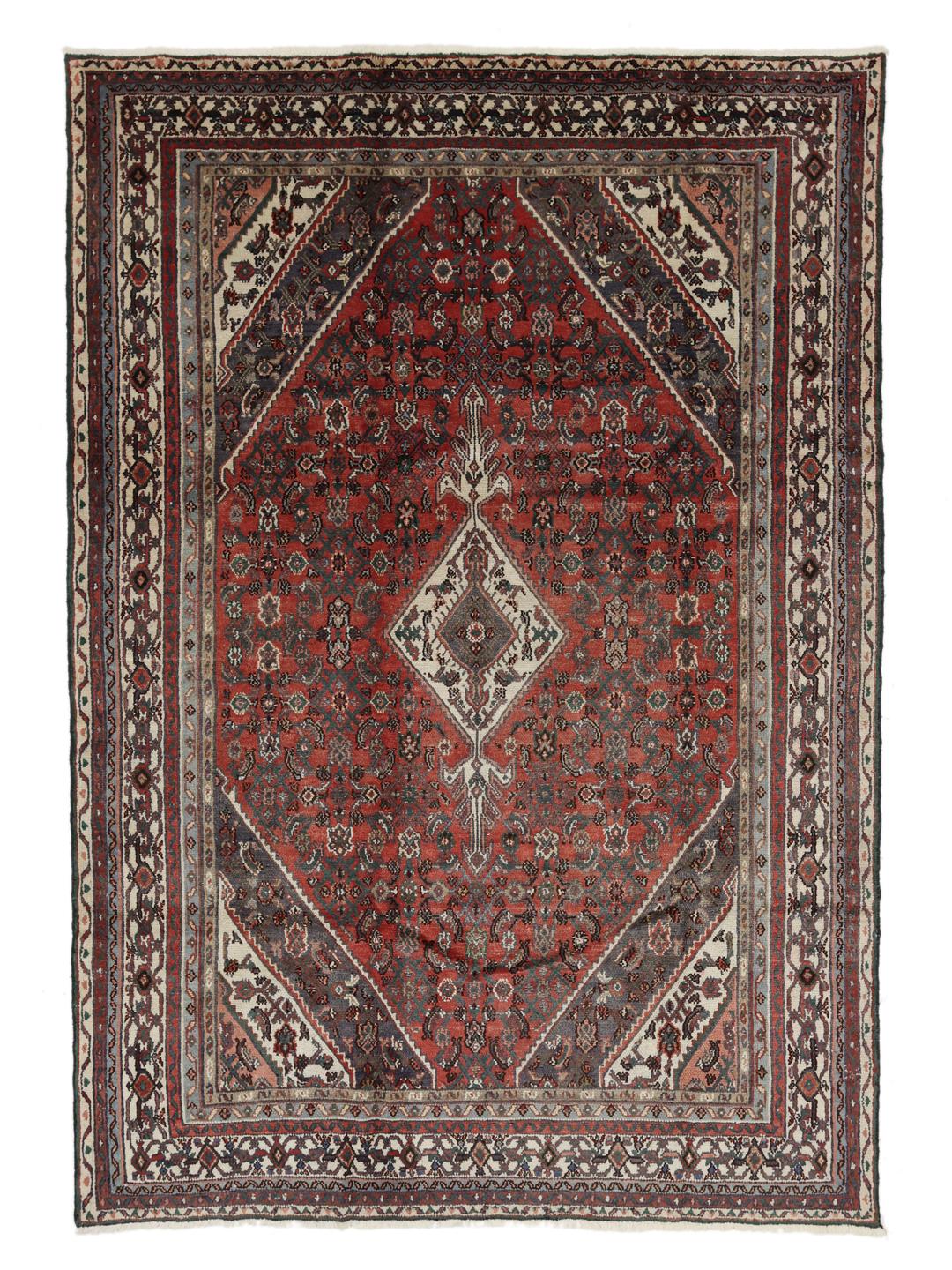 Hand-knotted Hamadan rug from the Middle East in dark-red and charcoal tones.
