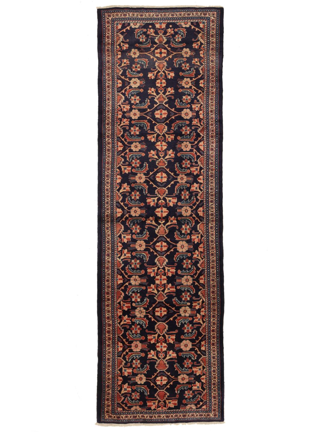 Hand-knotted Middle Eastern Hamadan runner in dark-blue with floral patterns