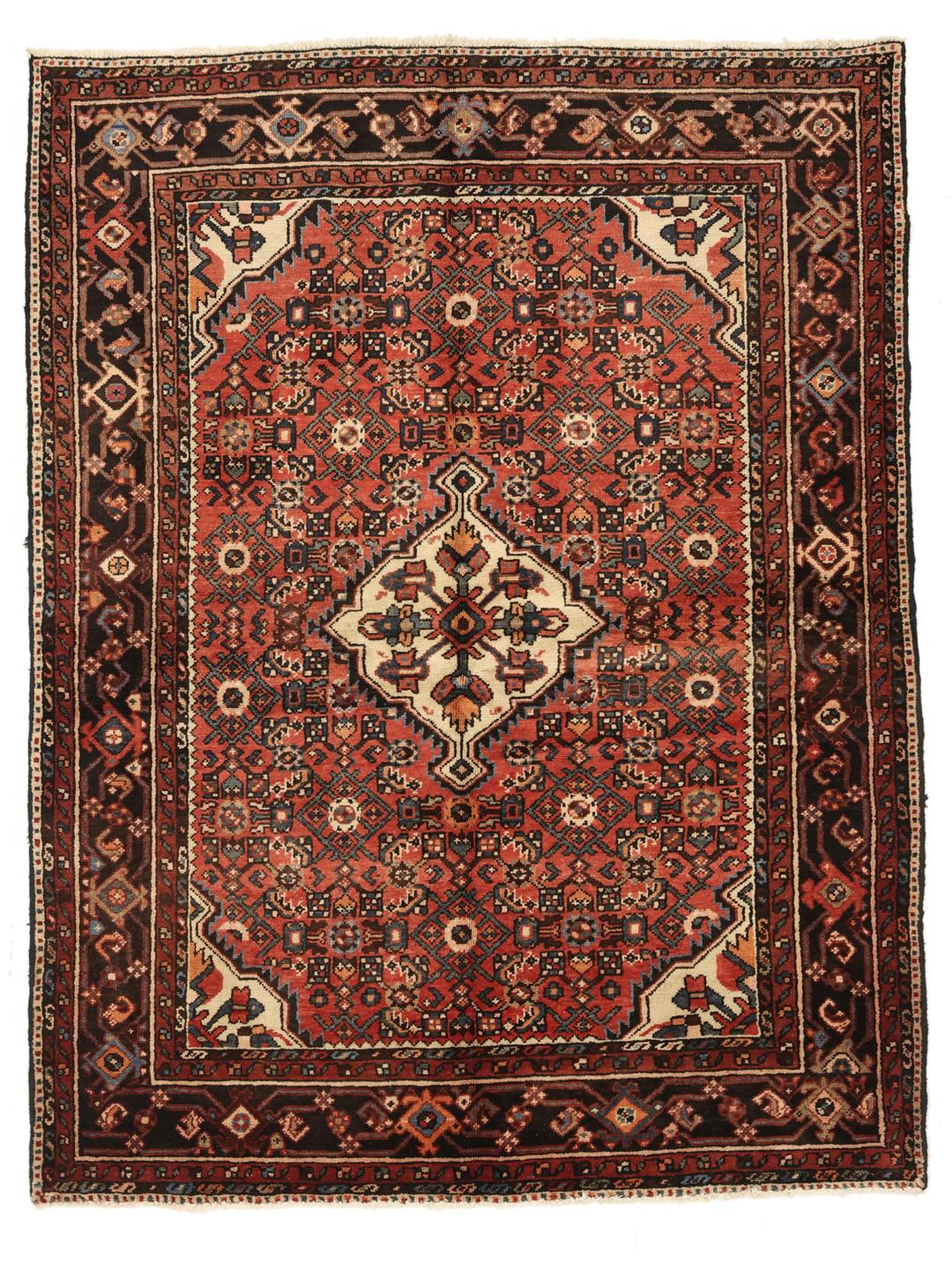 Hand-knotted Middle Eastern Hosseinabad rug in red and dark-blue tones.