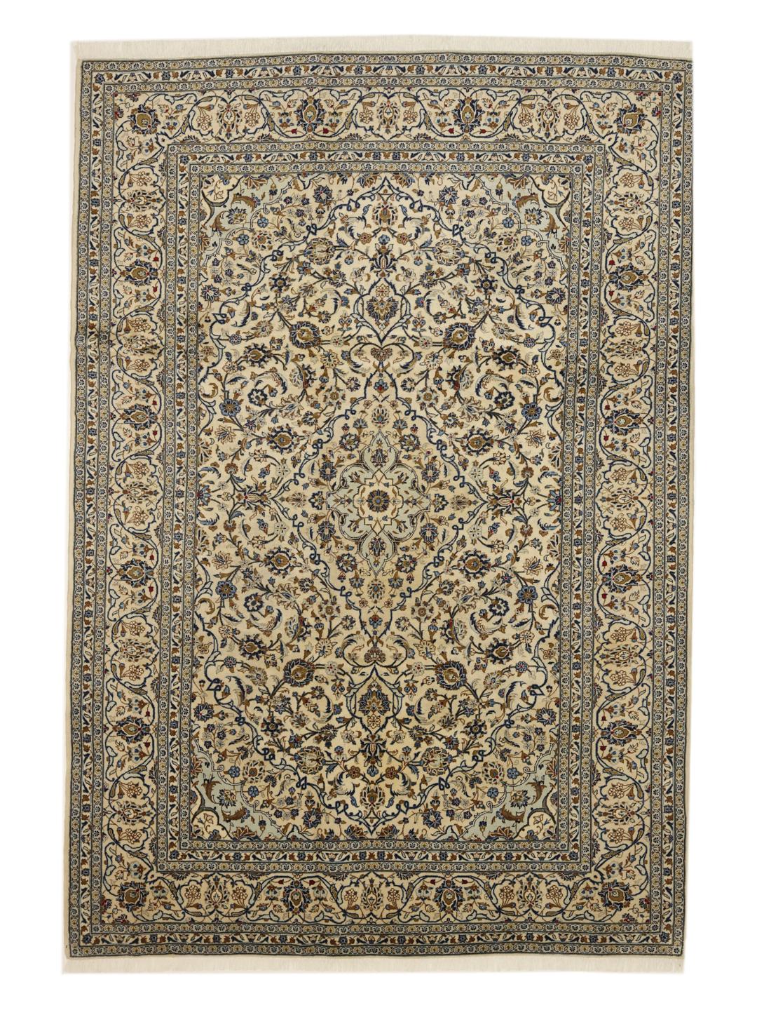 A rectangular Keshan rug from the Middle East featuring beige, blue, and brown floral patterns.