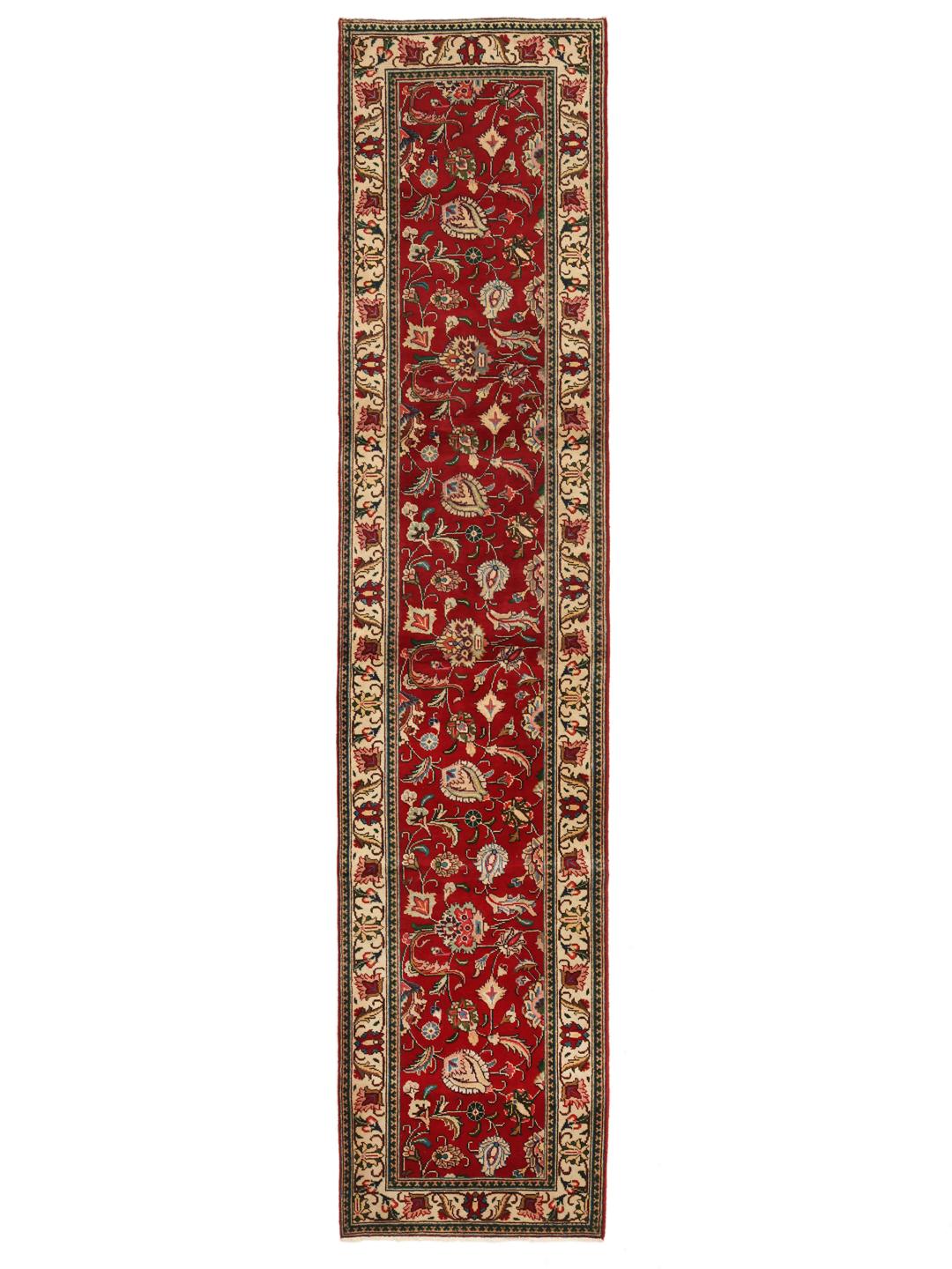 Hand-knotted Tabriz runner from the Middle East in deep red and beige tones.